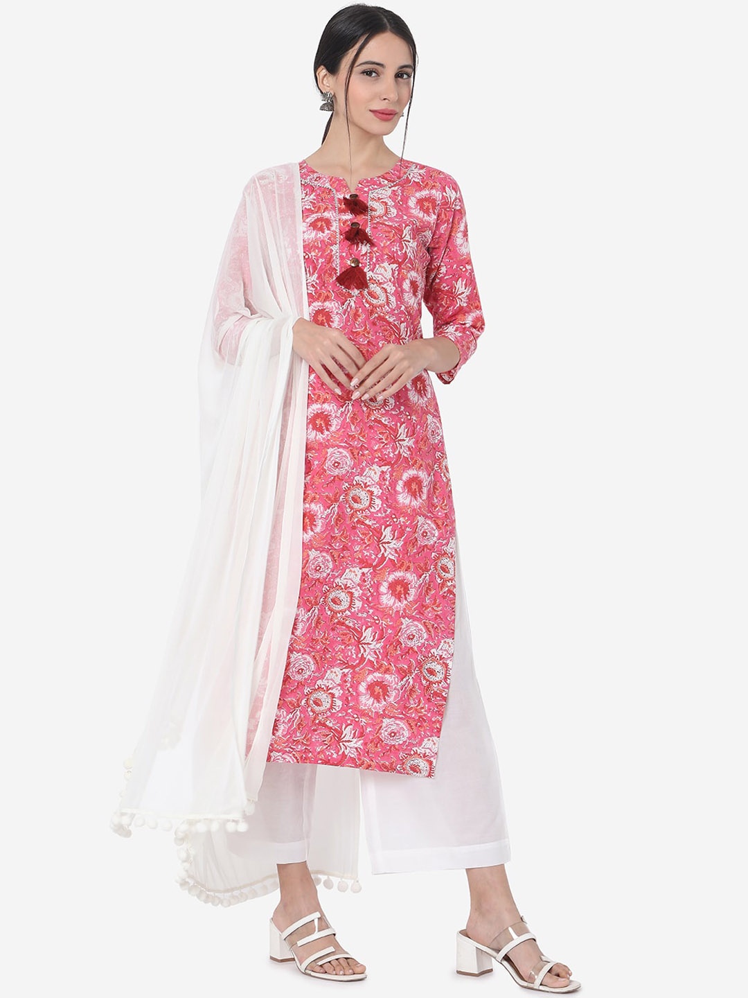 

Shaily Floral Printed Regular Kurta With Trousers & Dupatta, Pink