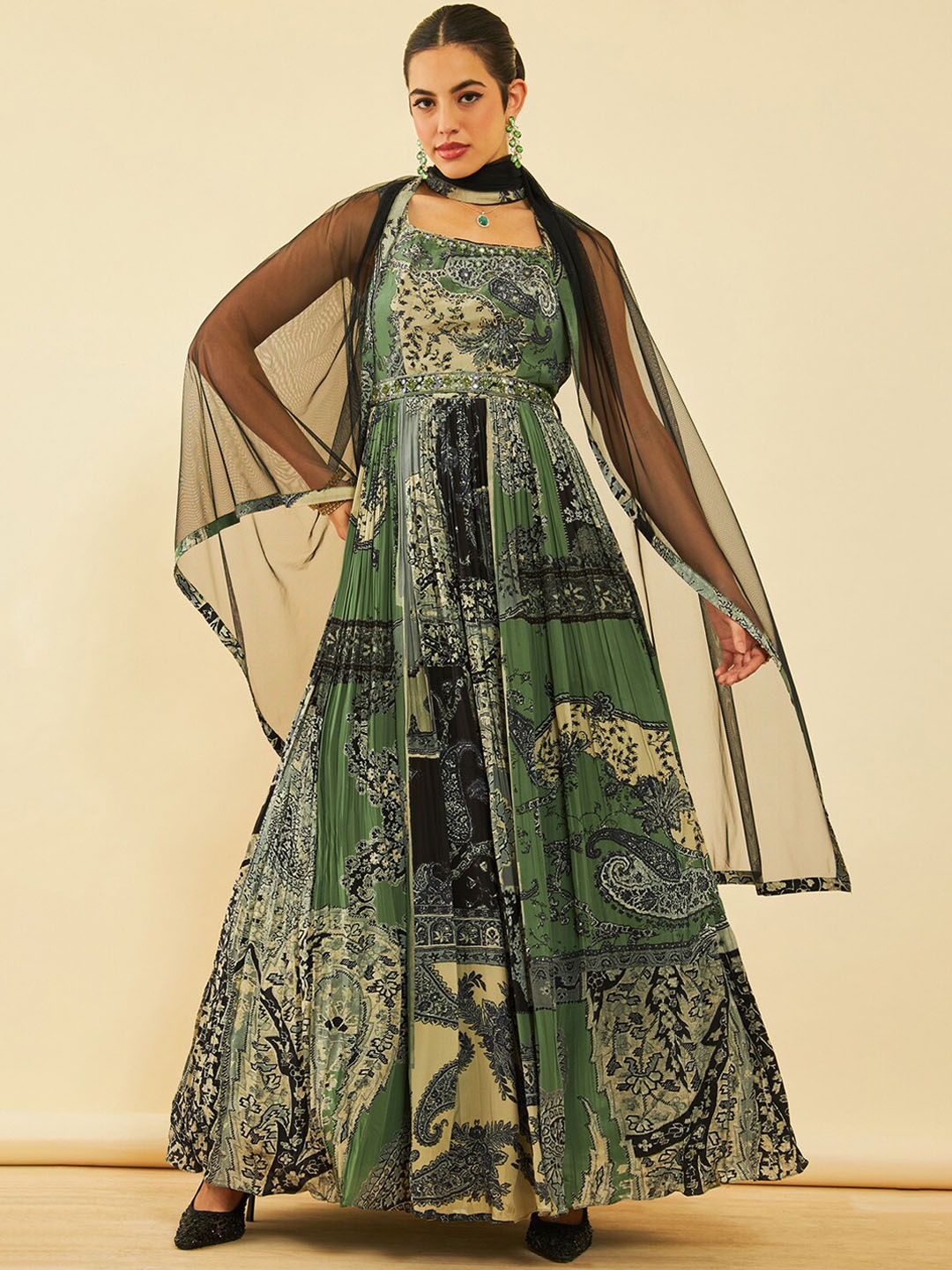 

Soch Abstract Printed Mirror Work Cotton Flared Ethnic Dress & Dupatta With Belt, Green