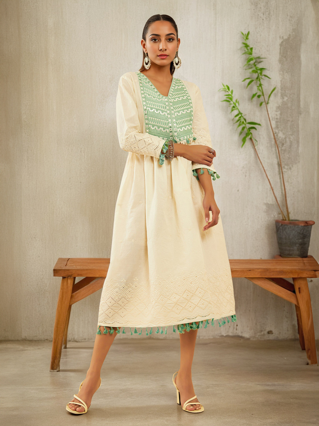 

Soch Embroidered V-Neck Cotton Ethnic Dresses, Off white