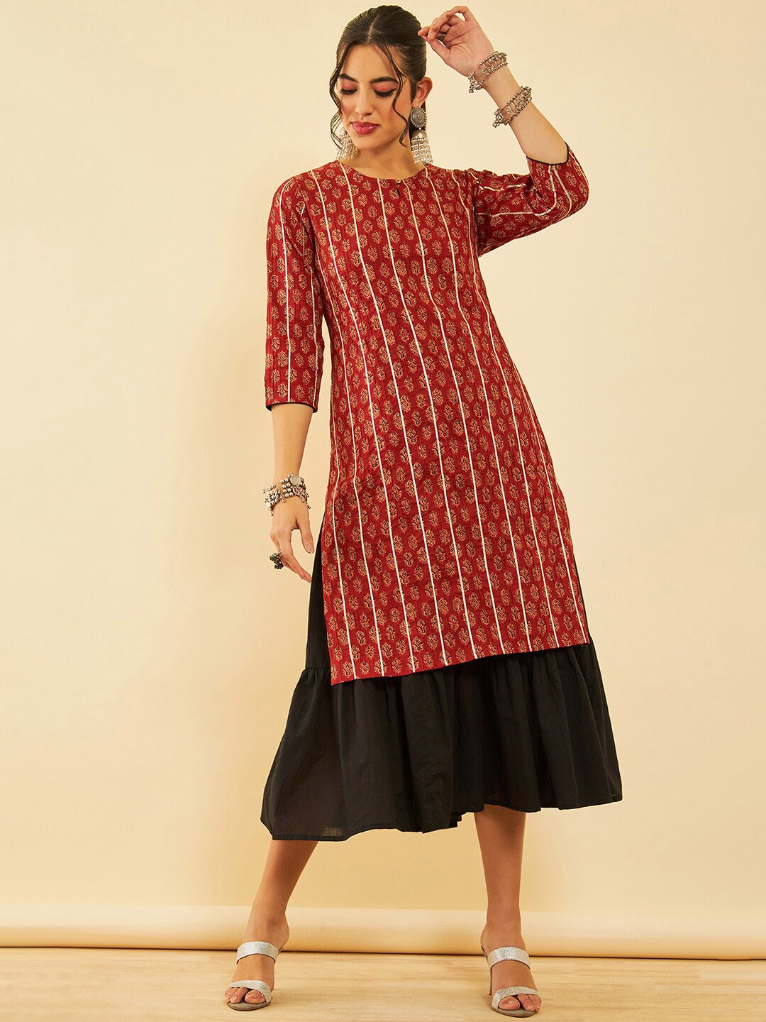 

Soch Ethnic Motifs Printed Cotton A-Line Midi Dress, Rust