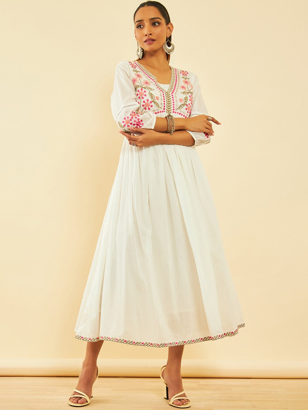 

Soch Floral Embroidered V-Neck Cotton Fit and Flare Midi Ethnic Dress, Off white
