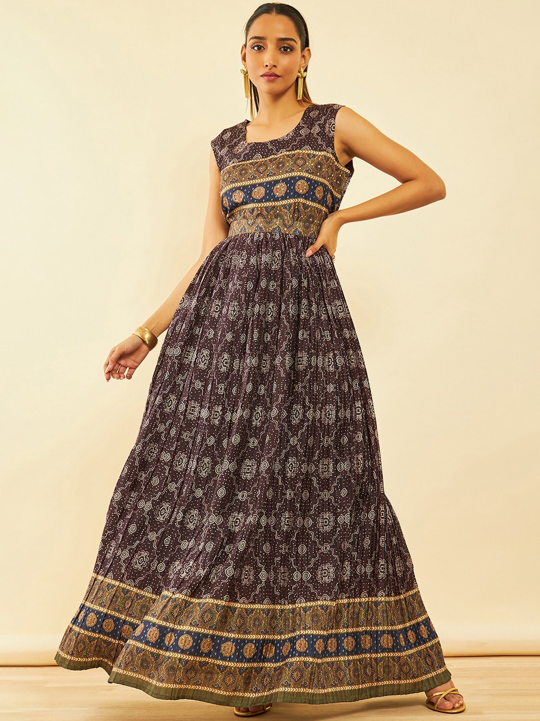 

Soch Bandhani Printed Flared Ethnic Dresses, Charcoal