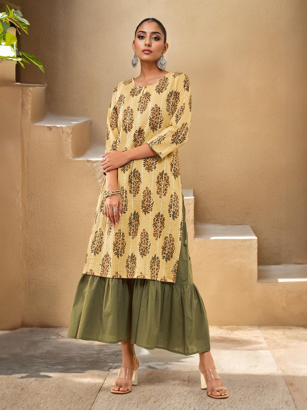 

Soch Sleeveless Cotton Fit and Flare Midi Ethnic Dress With Printed Kurta, Beige