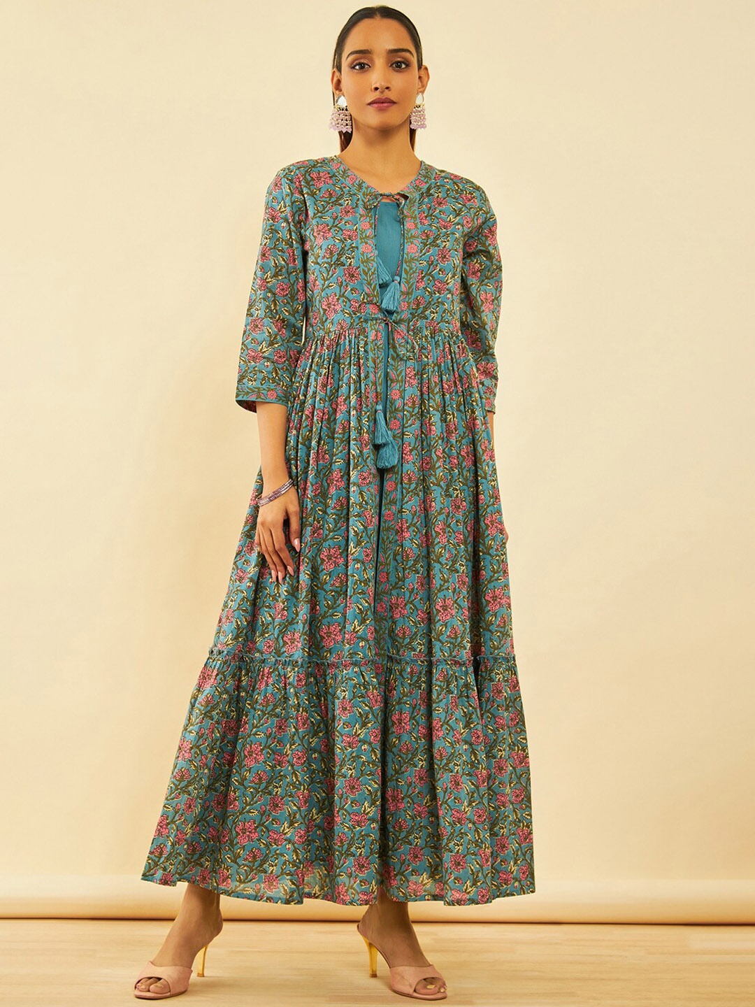 

Soch Floral Printed Cotton A-Line Maxi Ethnic Dress, Blue