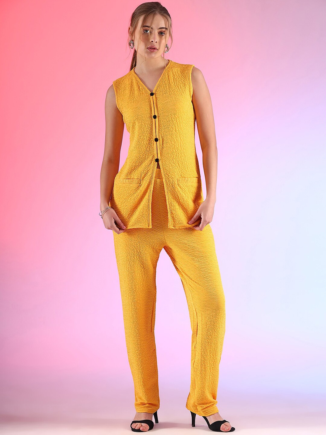 

WESTHOOD Self Design V-Neck Top With Trousers, Yellow