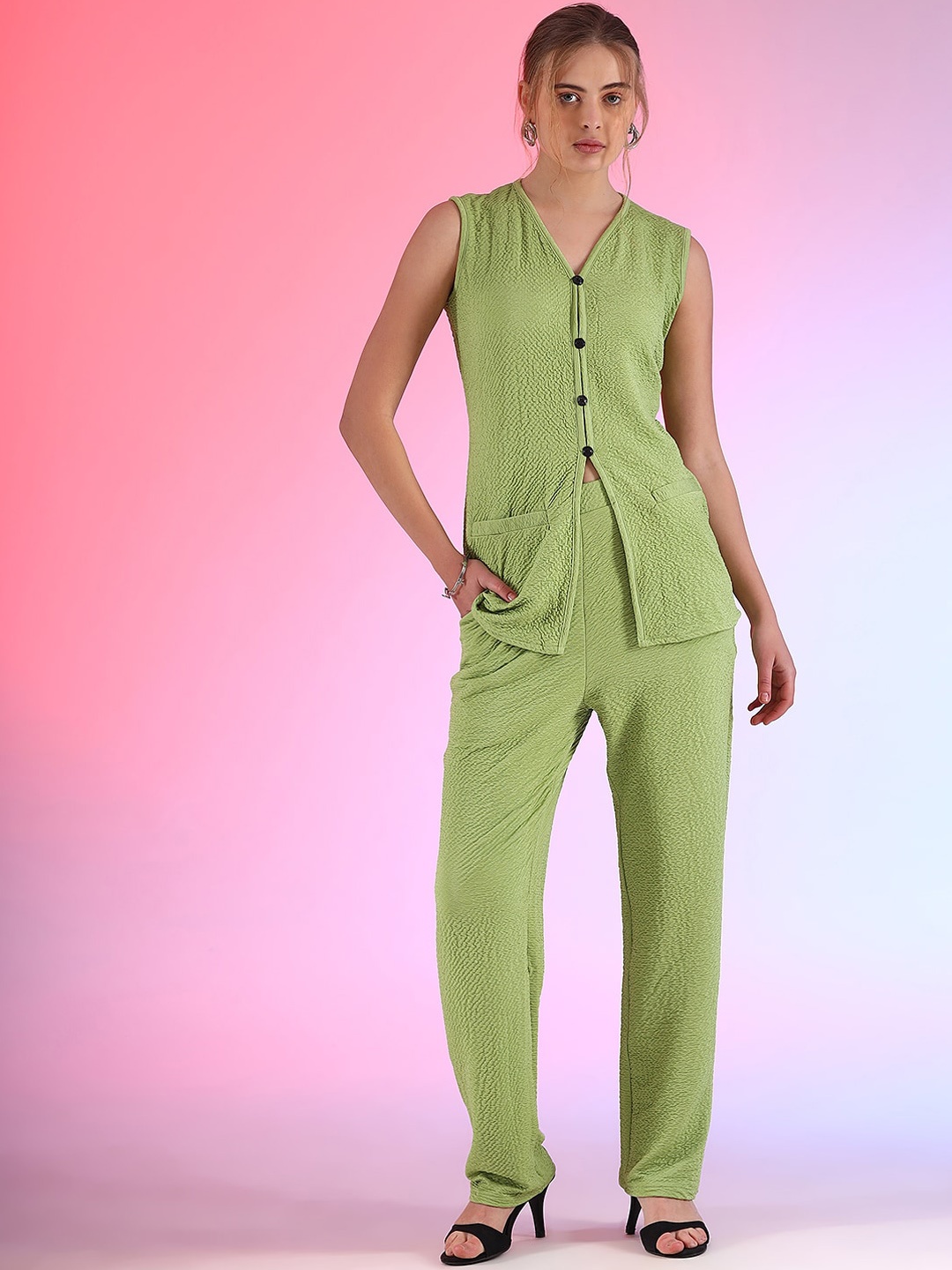 

WESTHOOD Self Design V-Neck Top With Trousers Co-Ords, Green
