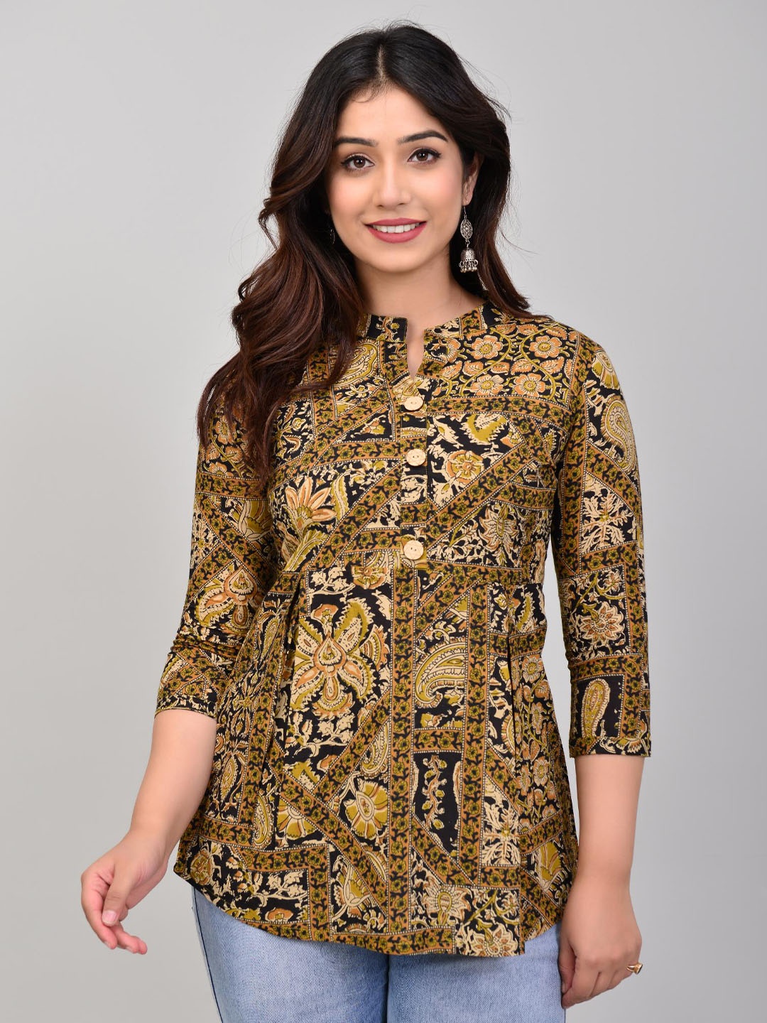 

Lovista Floral Print Mandarin Collar Cotton Top, Coffee brown