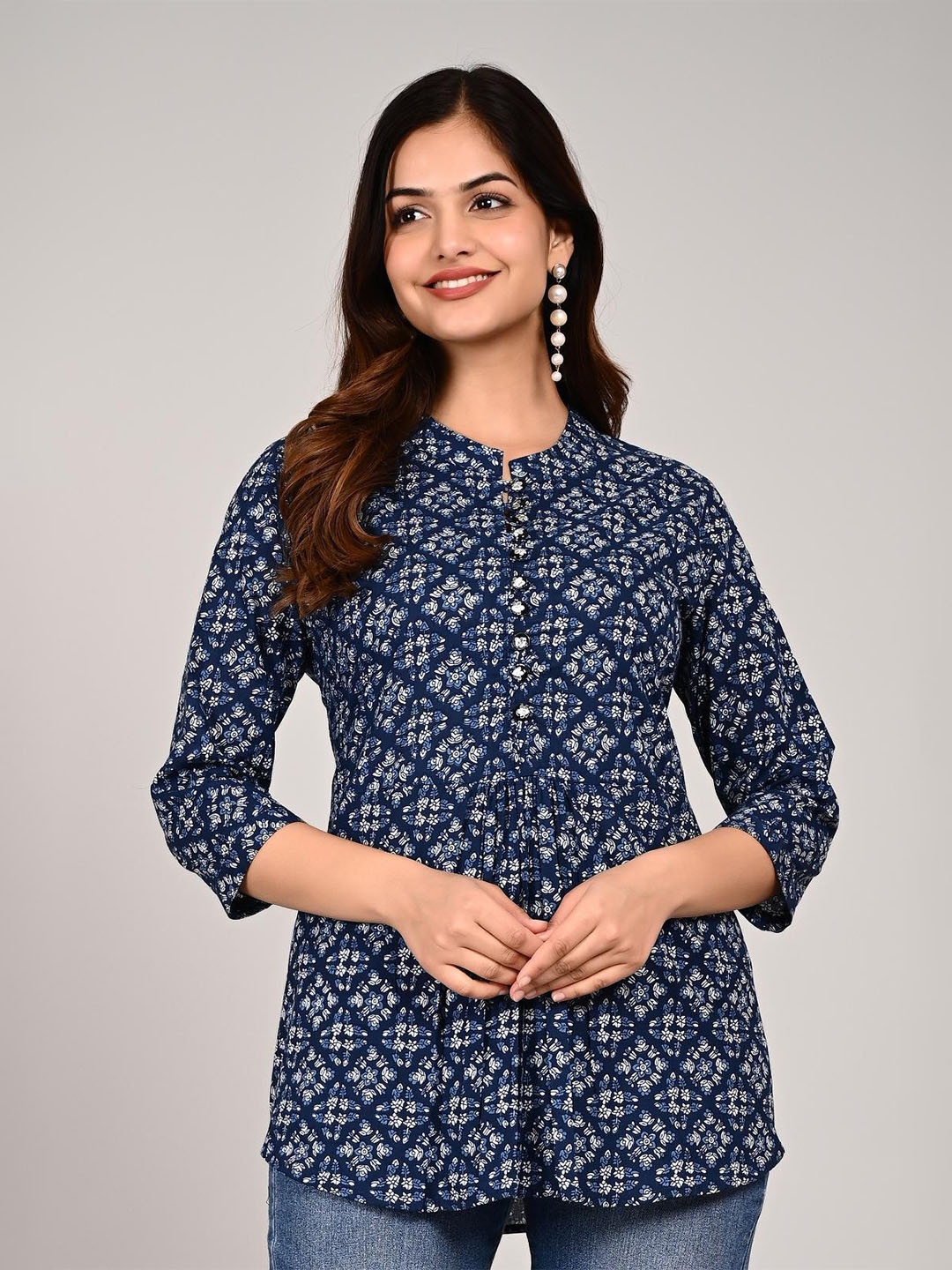 

Lovista Floral Print Cotton Mandarin Collar Top, Blue