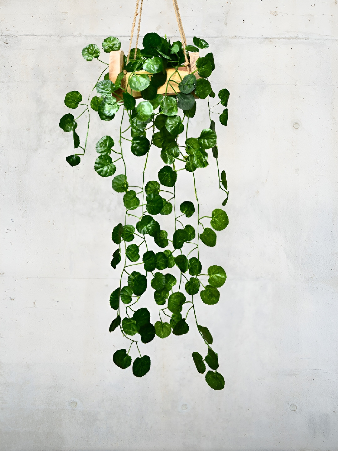 

DECOREBUGS Green Hanging Artificial Plant With Wooden Pot