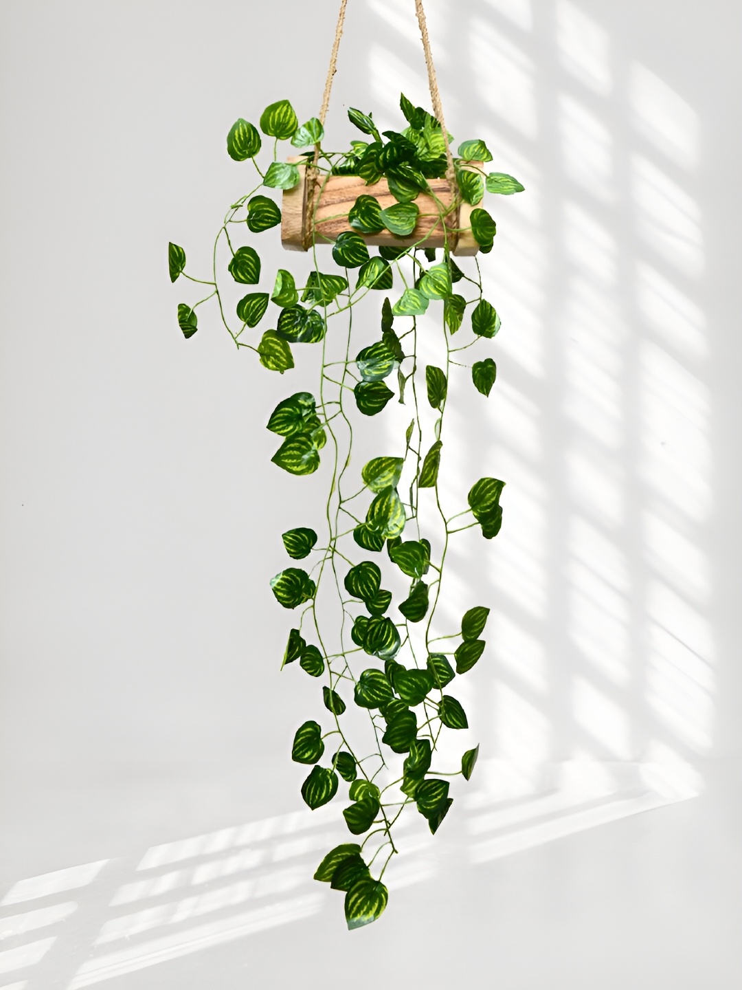 

DECOREBUGS Green Hanging Artificial Plant With Wooden Pot