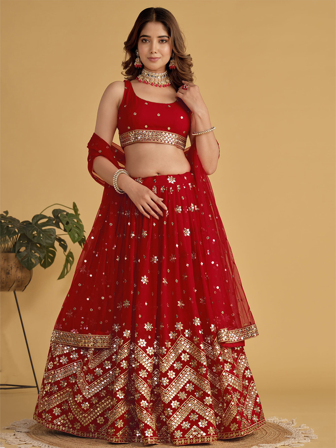 

FABPIXEL Embroidered Sequinned Semi-Stitched Lehenga & Unstitched Blouse With Dupatta, Red