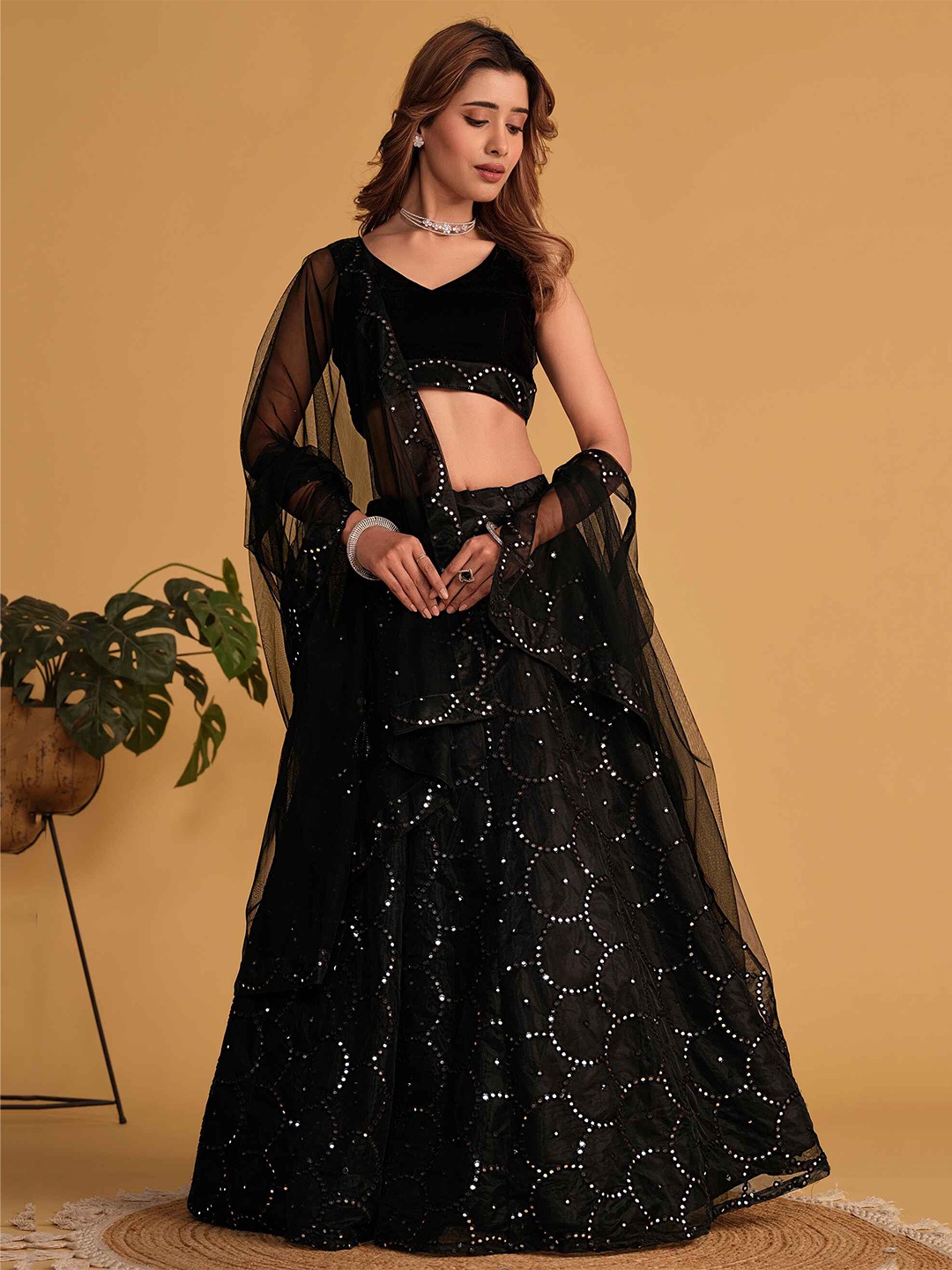 

FABPIXEL Embroidered Sequinned Semi-Stitched Lehenga & Unstitched Blouse With Dupatta, Black