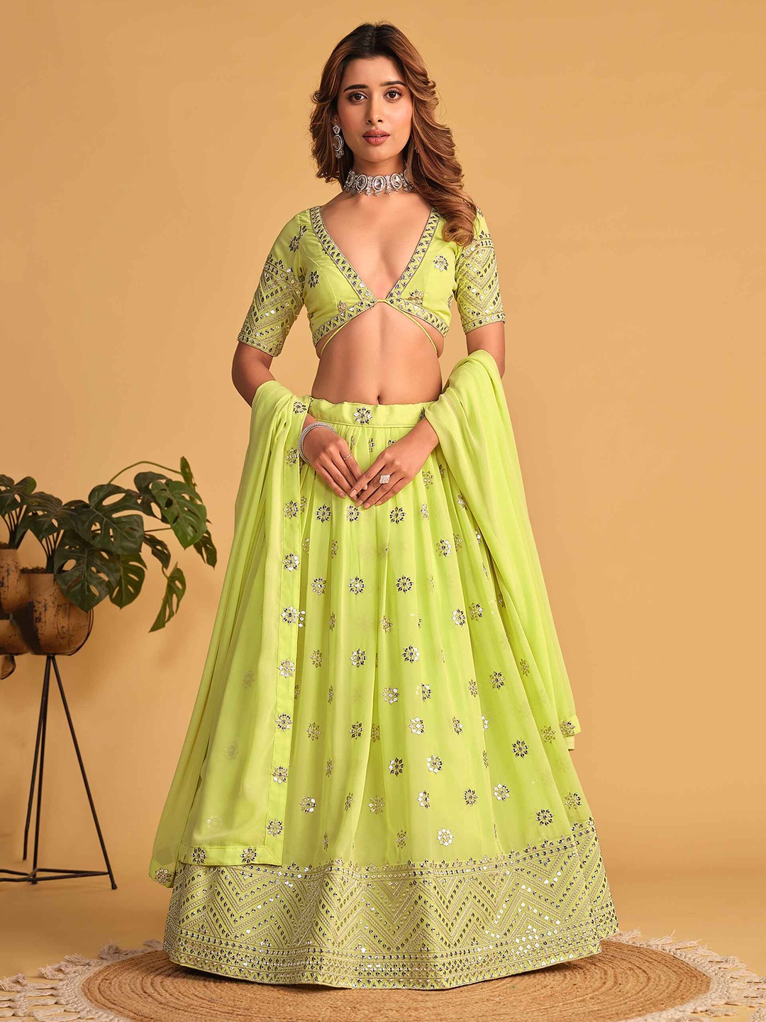 

FABPIXEL Embroidered Sequinned Semi-Stitched Lehenga & Unstitched Blouse With Dupatta, Lime green
