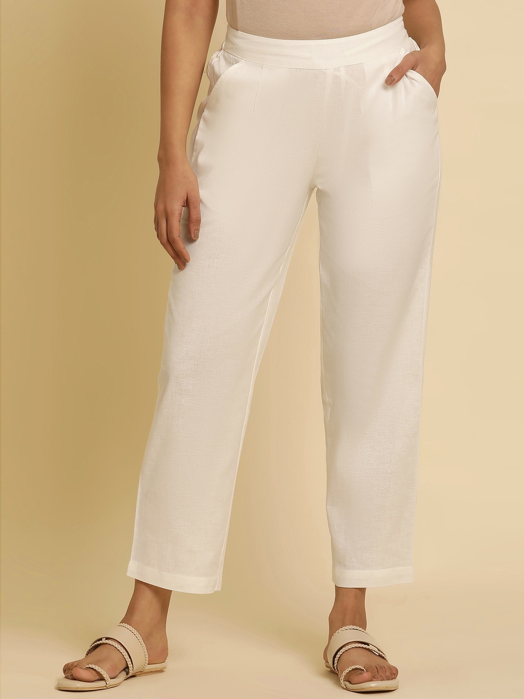 

W Women Straight Fit Cropped Ethnic Trousers, White