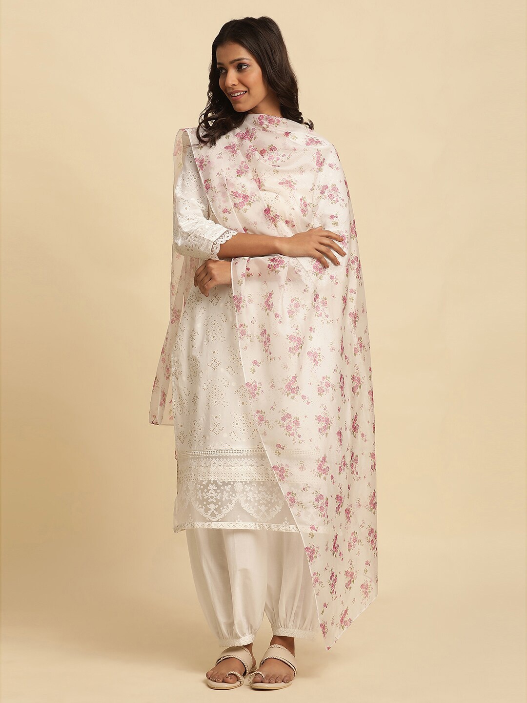 

W Floral Printed Organza Dupatta, White