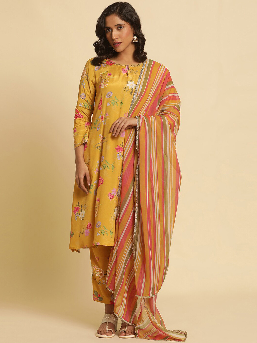 

W Floral Printed Sequinned Keyhole Neck Straight Kurta with Trouser & Dupatta, Yellow