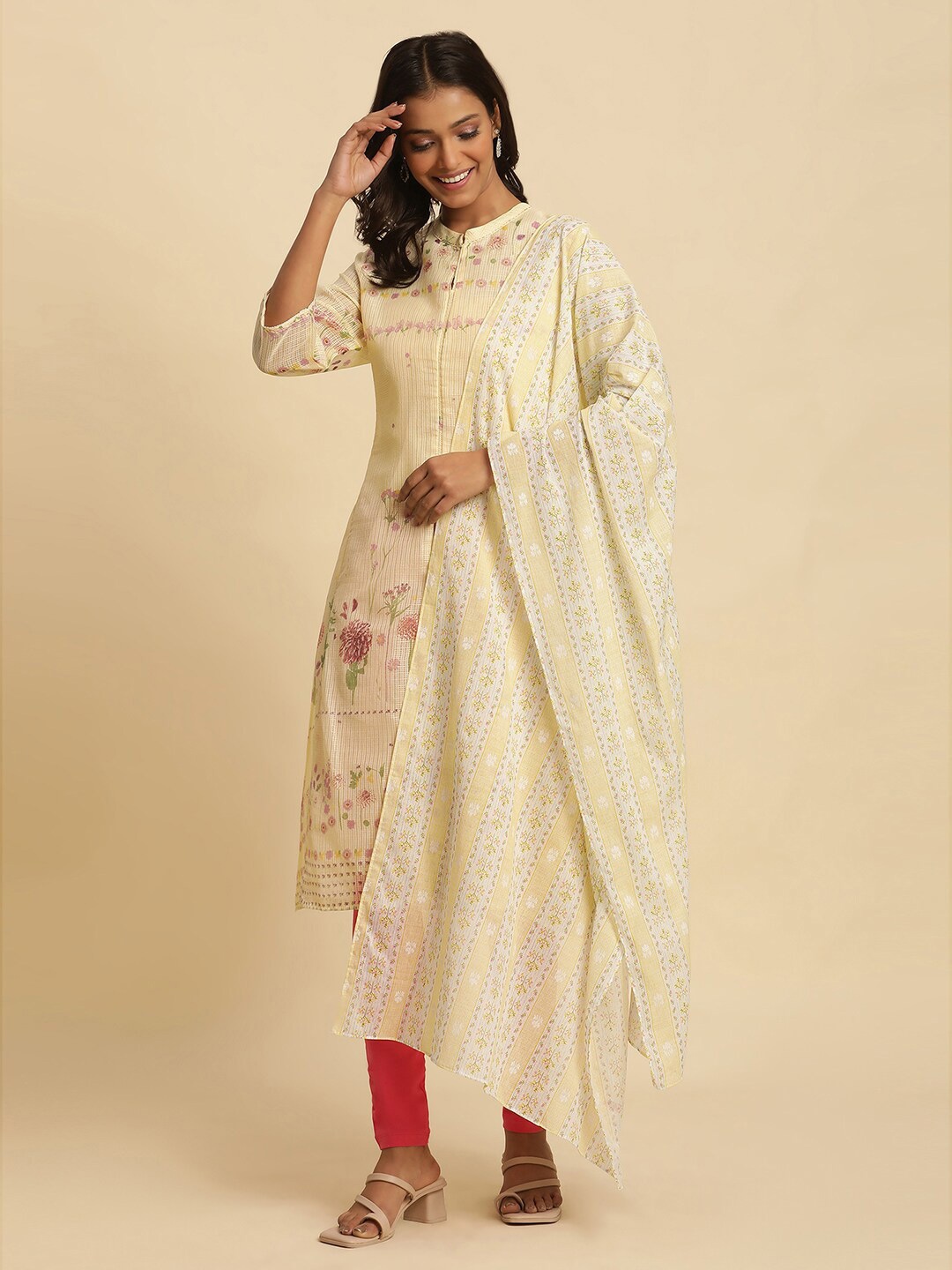 

W Floral Printed Pure Cotton Dupatta, Yellow