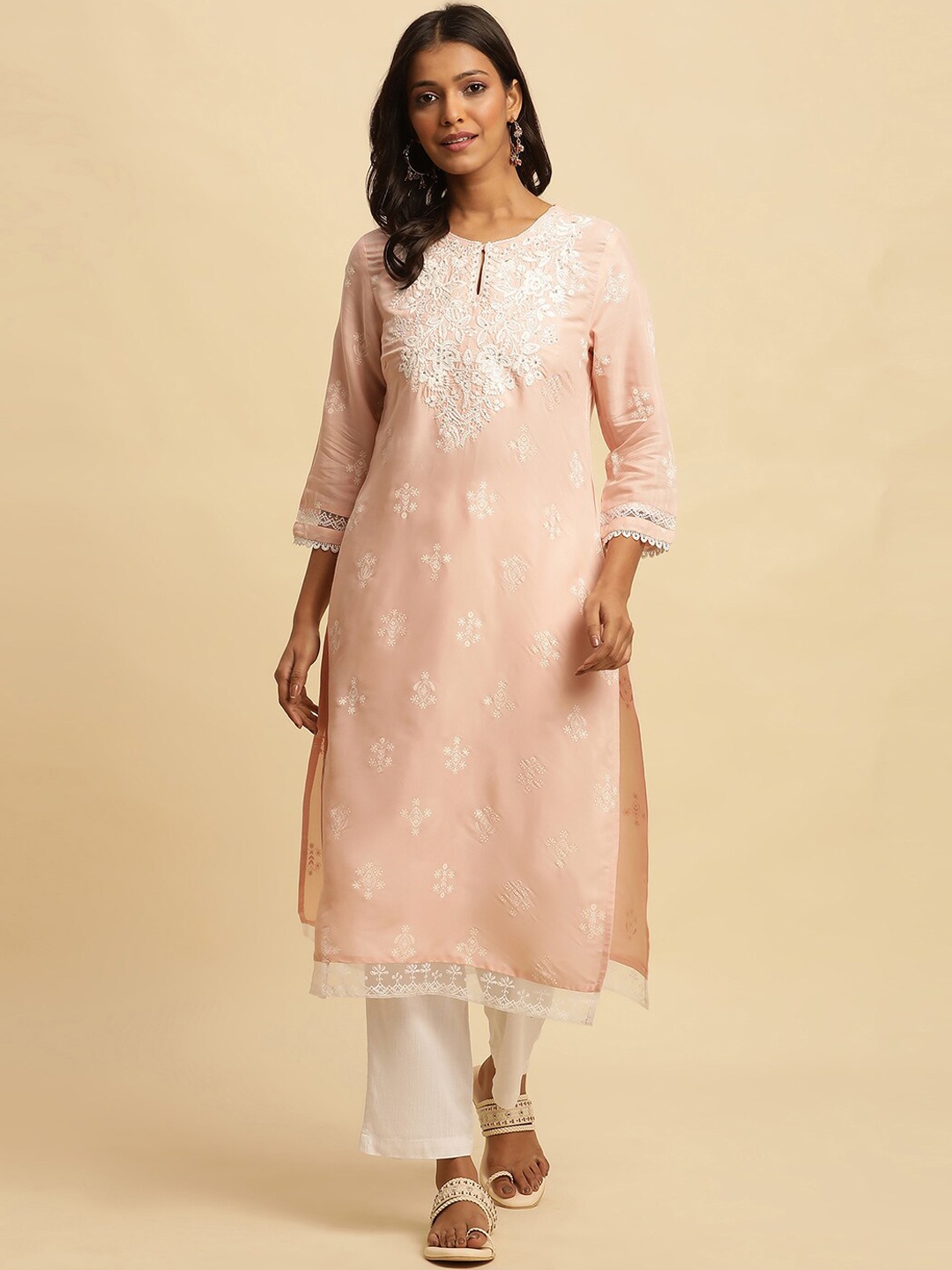 

W Ethnic Motifs Embroidered Keyhole Neck Sequined Straight Kurta, Peach