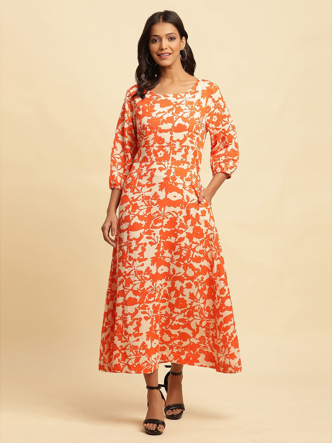 

W Floral Printed Round Neck Puff Sleeves A-Line Maxi Dress, Orange