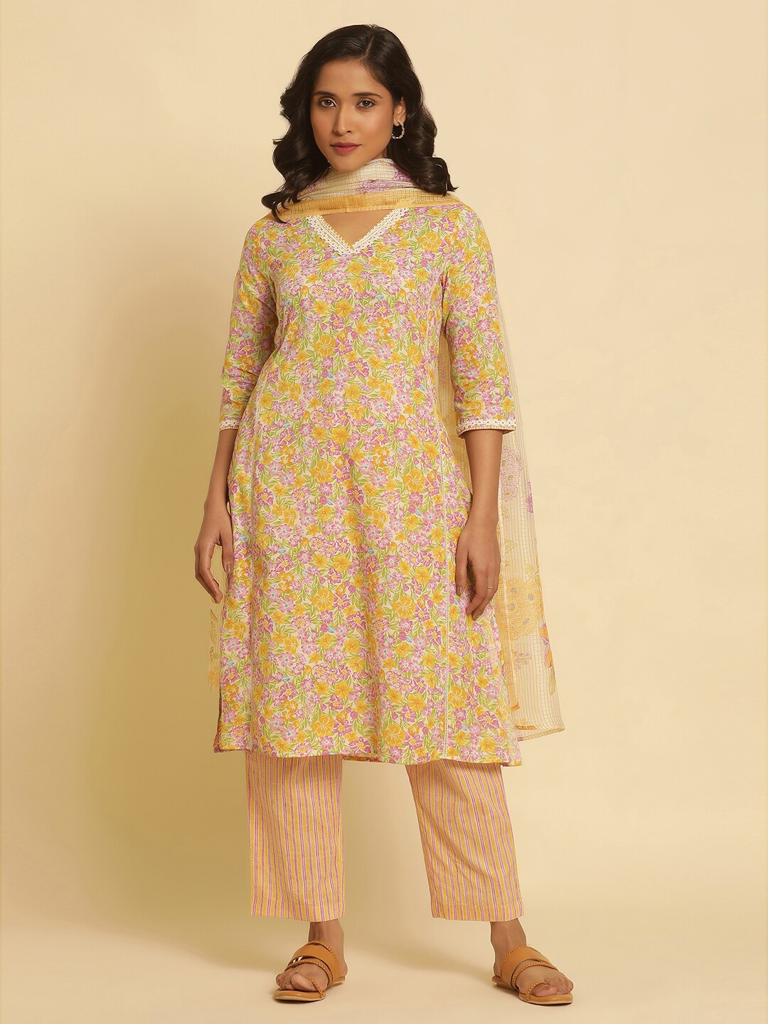 

W Floral Printed Pure Cotton Straight Kurta With Trouser & Dupatta, Yellow