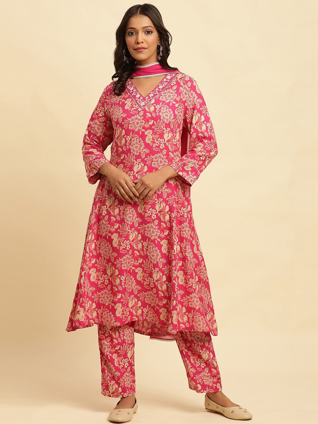 

W Floral Printed Thread Work A-Line Kurta with Trouser & Dupatta, Pink