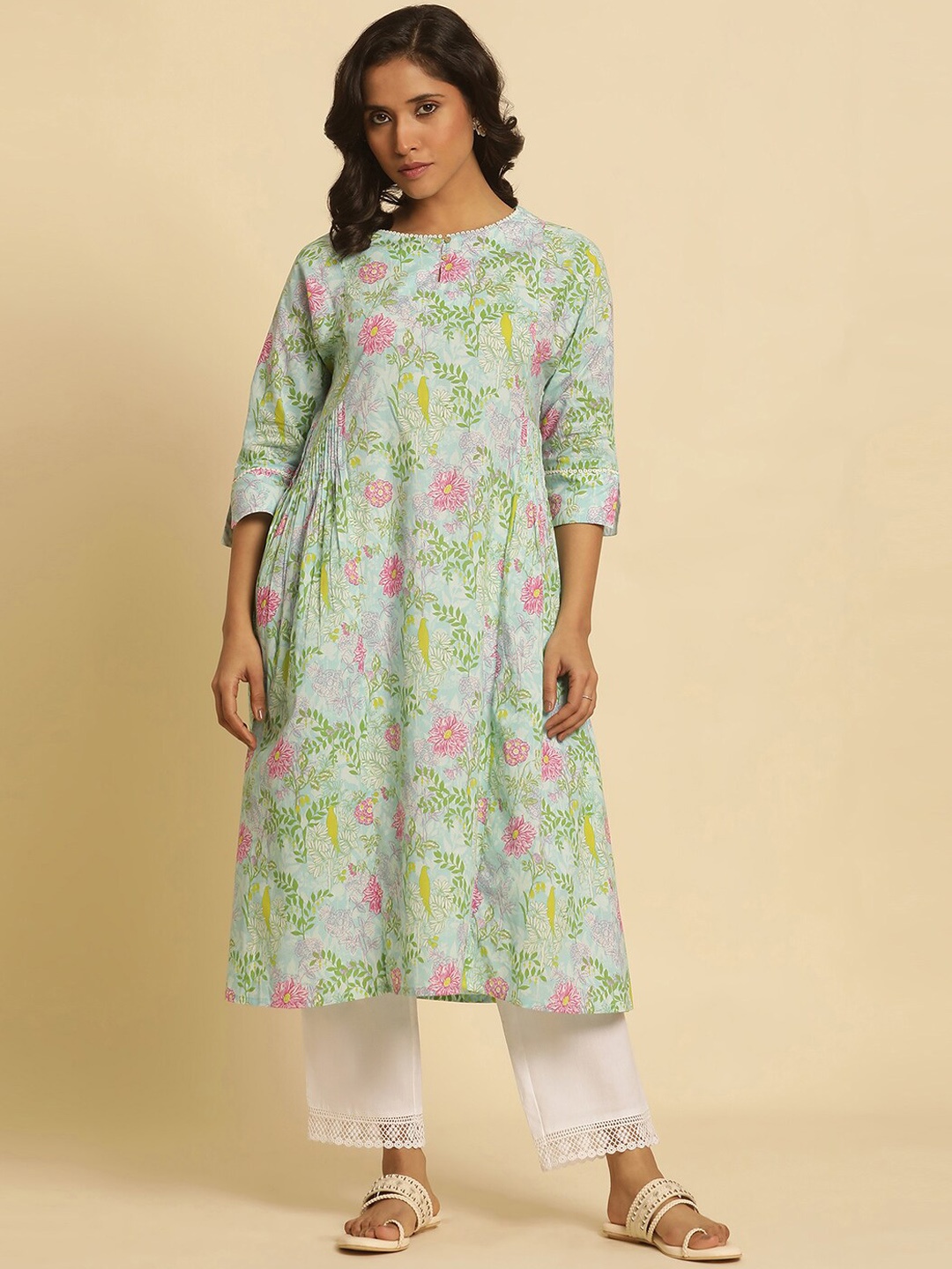 

W Floral Printed Pure Cotton Kurta, Green