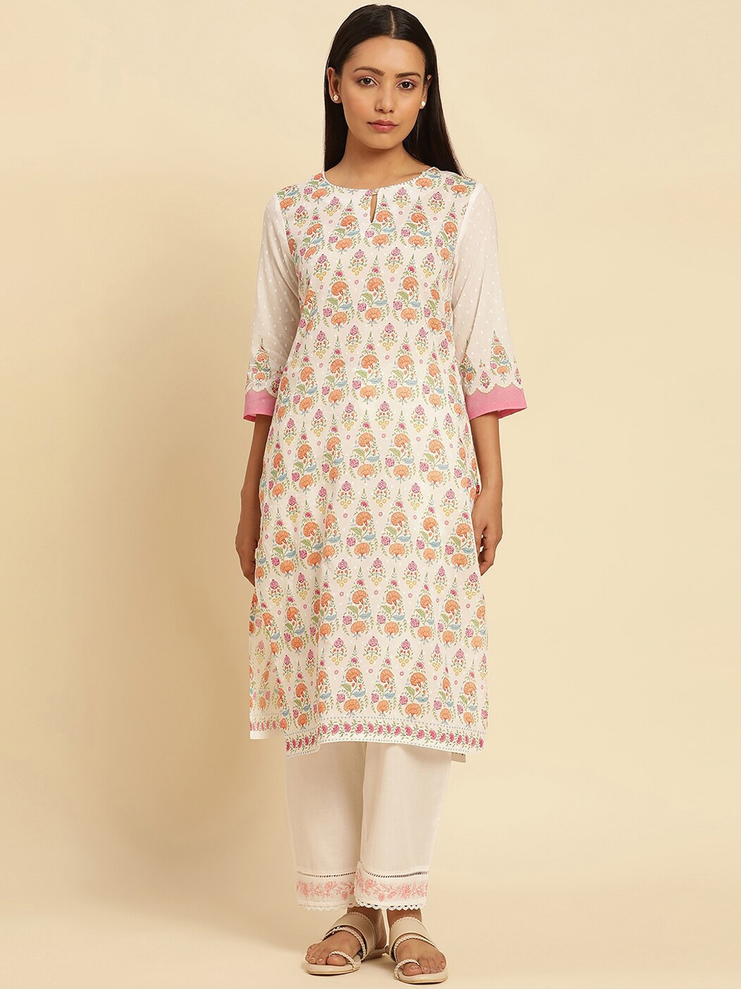 

W Ethnic Motifs Printed Keyhole Neck Pure Cotton Straight Kurta, Off white