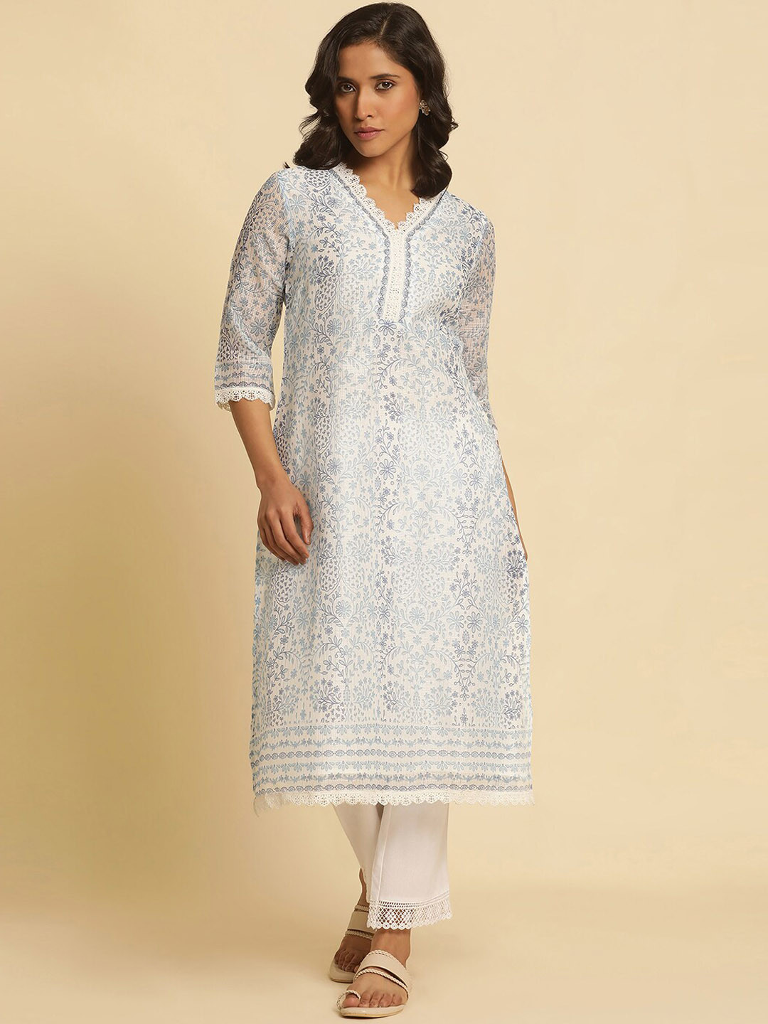 

W Floral Printed V-Neck Thread Work Jacquard Straight Kurta, White
