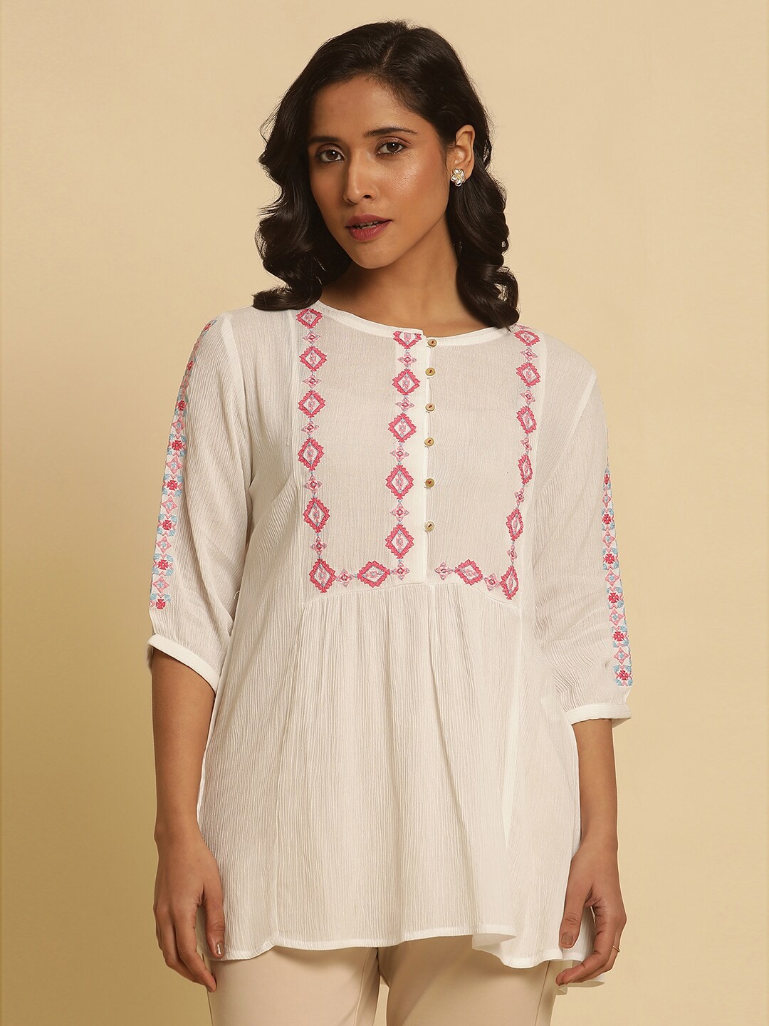 

W Self Design Embroidered A-Line Top, White