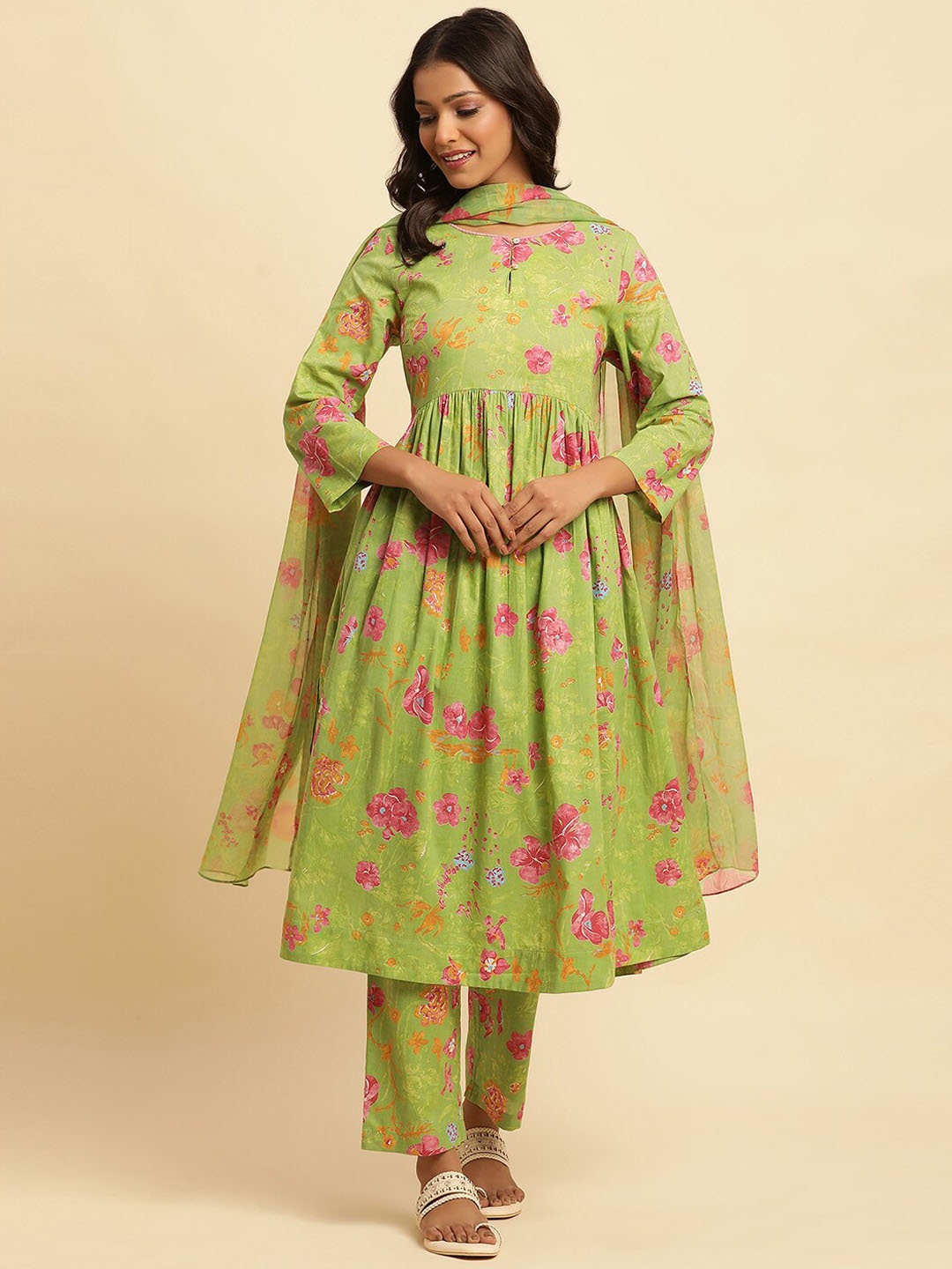 

W Floral Printed Pure Cotton Empire Anarkali Kurta with Trouser & Dupatta, Green