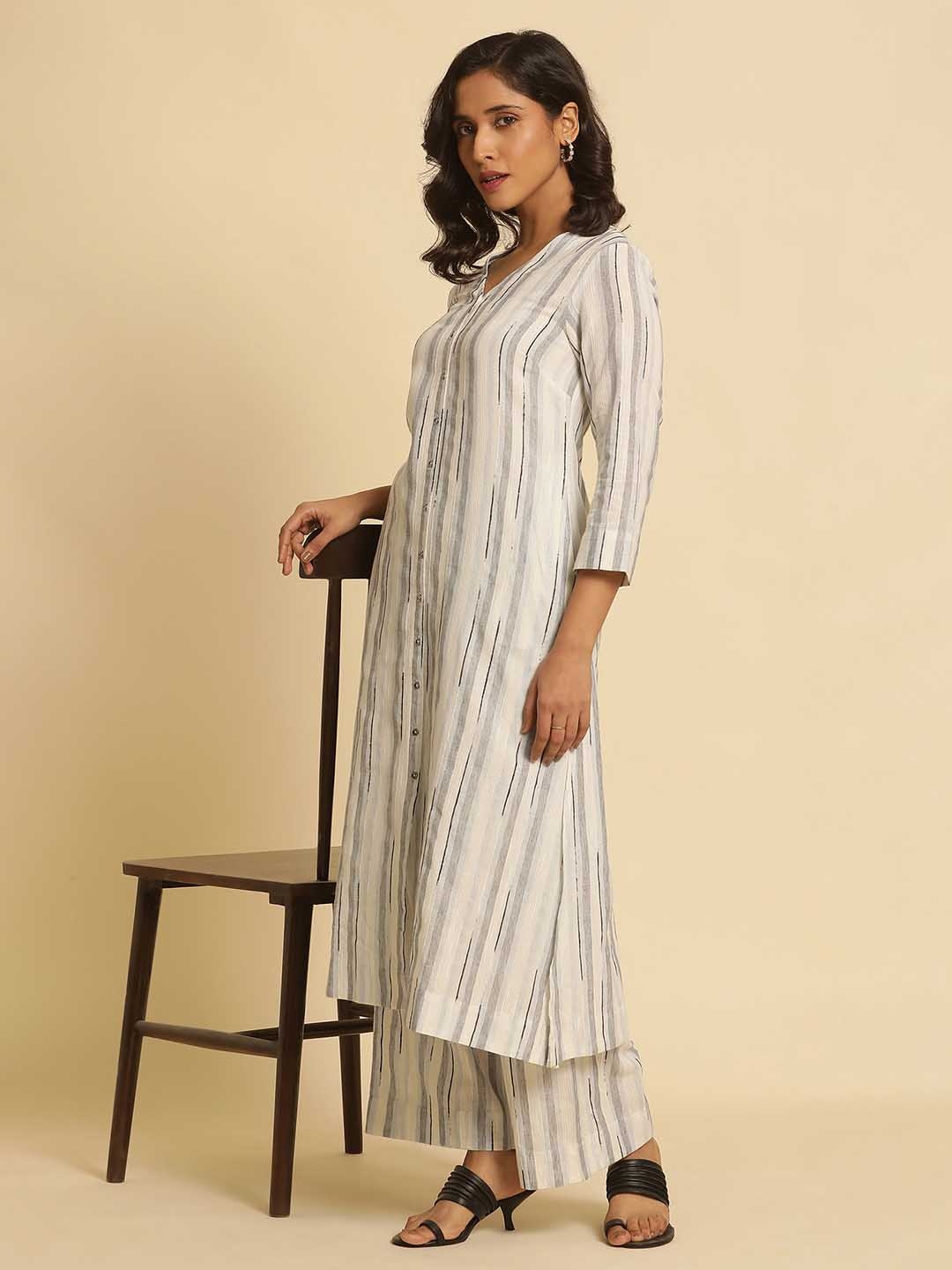 

W Striped Printed V-Neck Straight Kurta With Palazzos, White