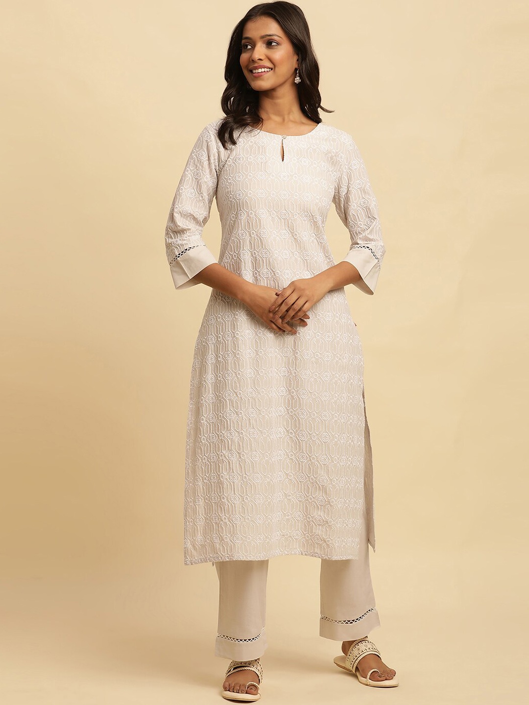 

W Embroidered Keyhole Neck Pure Cotton Straight Kurta With Trouser, Grey
