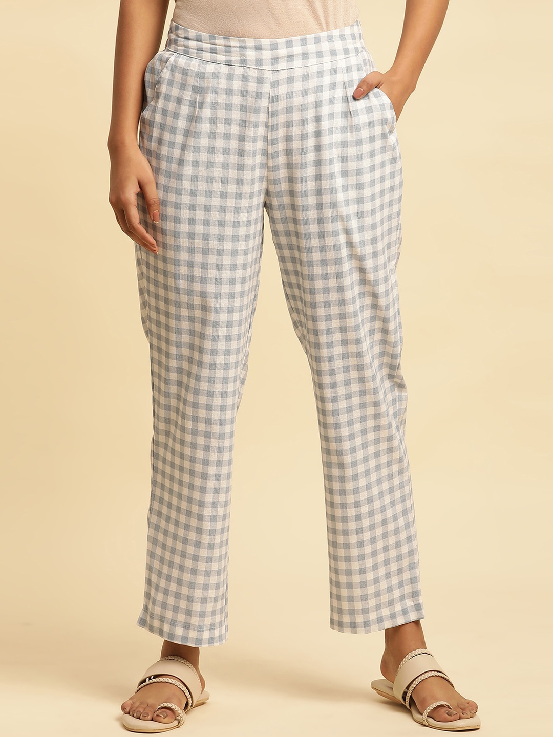 

W Women Checked Straight Fit Ethnic Trousers, Blue