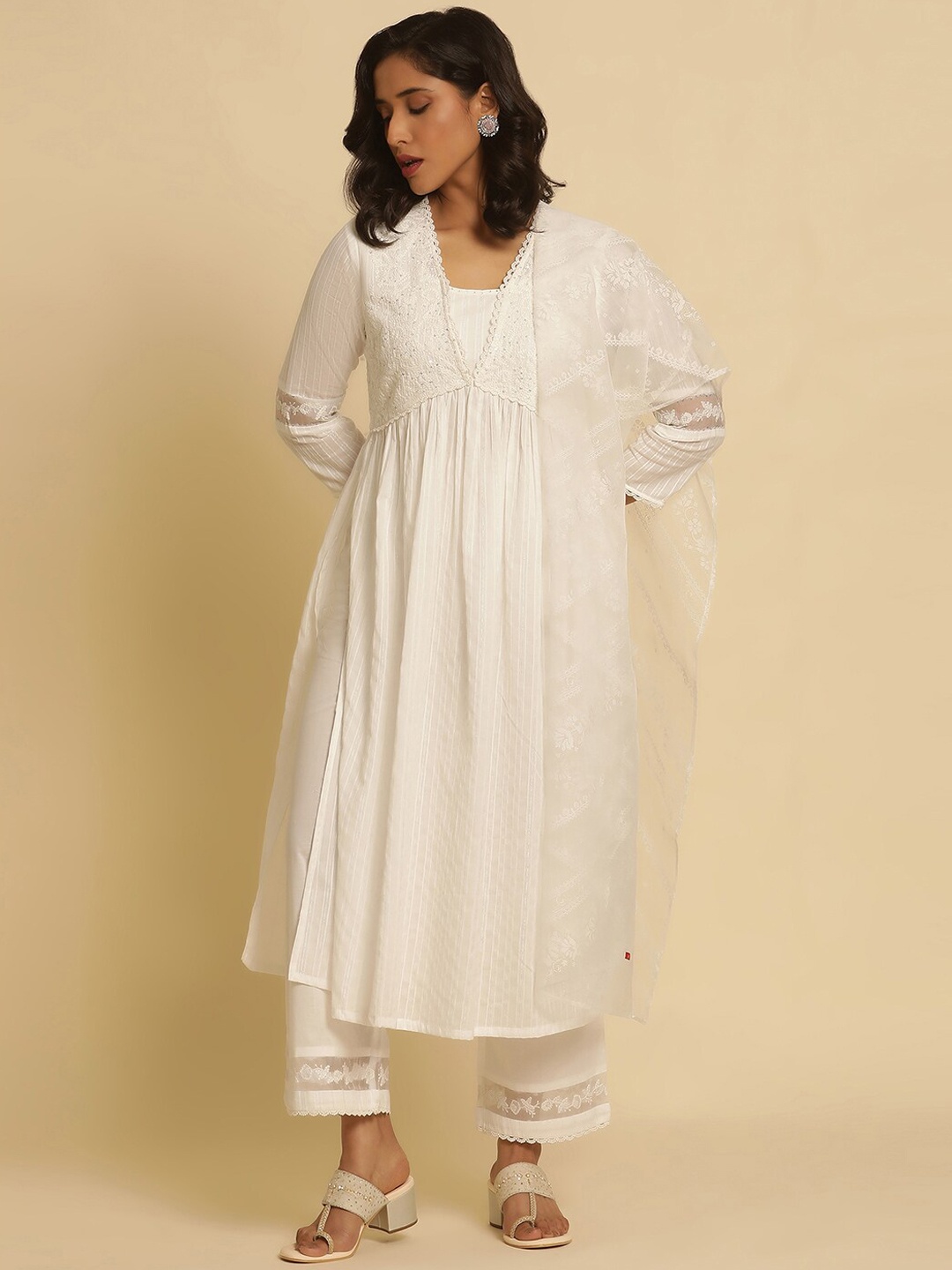 

W Embroidered Sequinned Empire Anarkali Kurta With Trouser & Dupatta, White