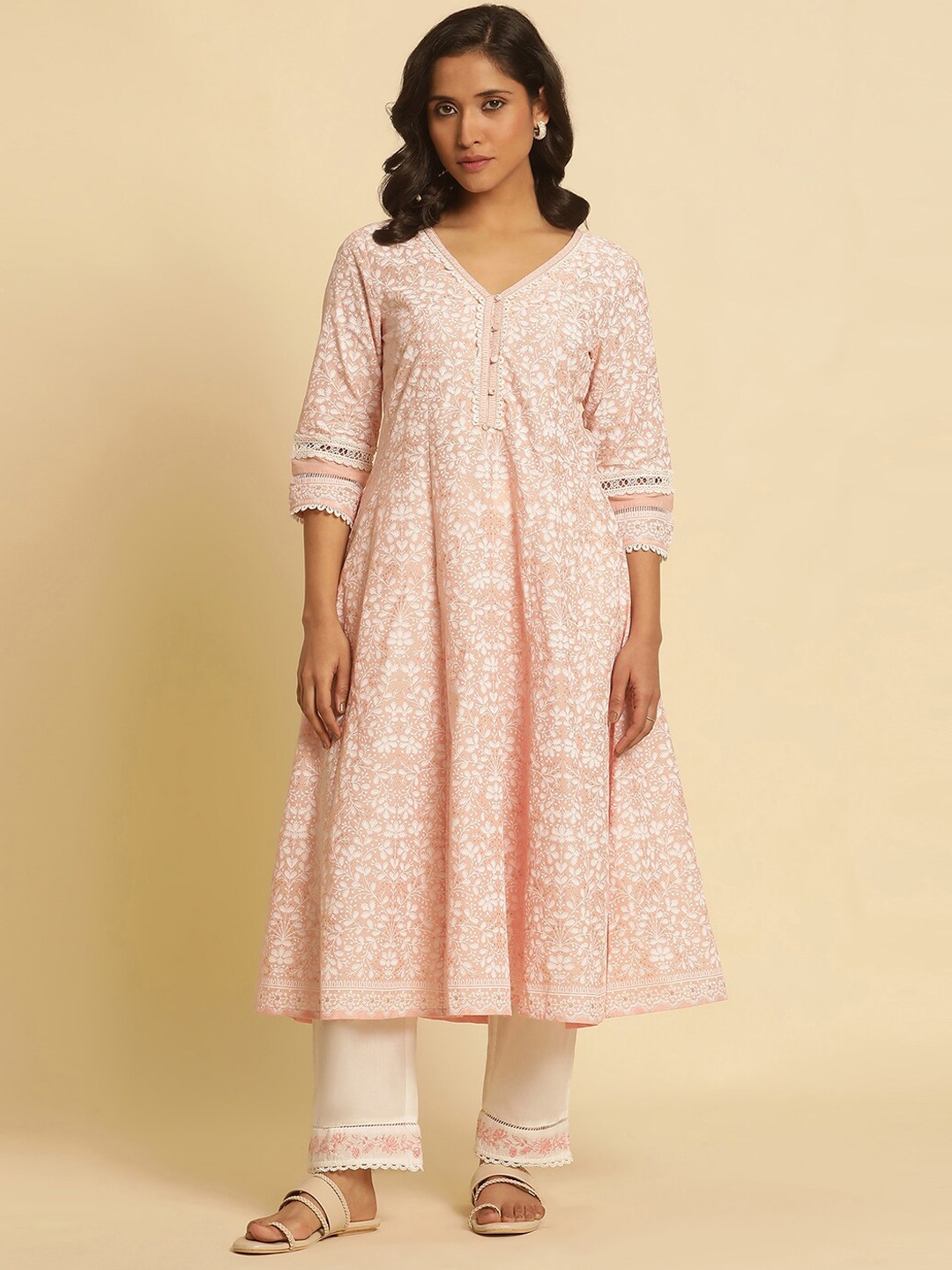 

W Ethnic Motifs Printed V-Neck Cotton Anarkali Kurta, Pink