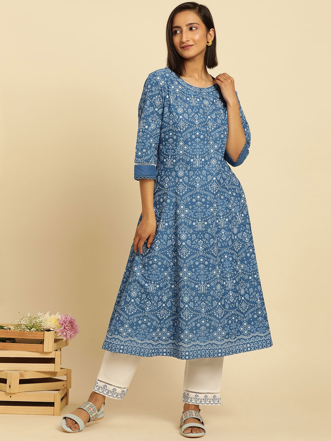 

W Floral Printed Pure Cotton A-Line Kurta, Blue