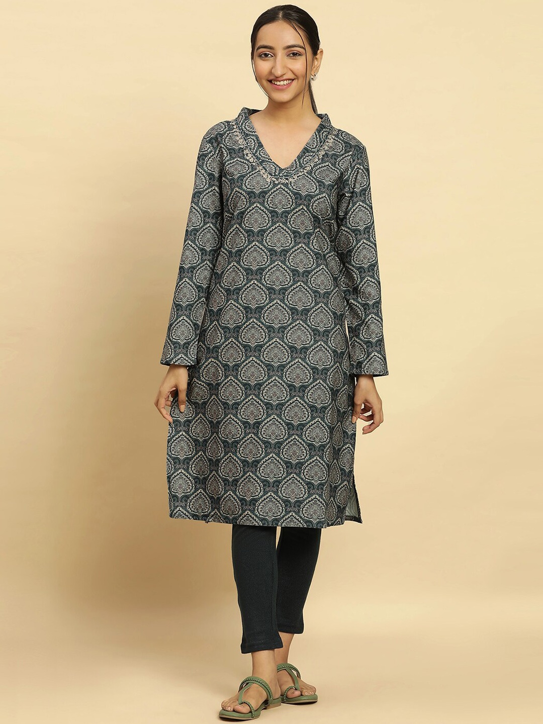 

W Ethnic Motifs Printed V-Neck Kurta, Grey