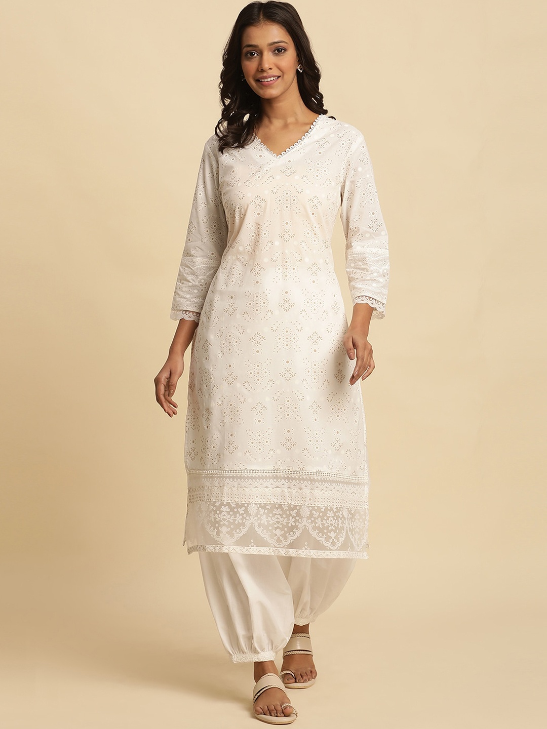 

W Floral Printed V-Neck Cotton Kurta, White