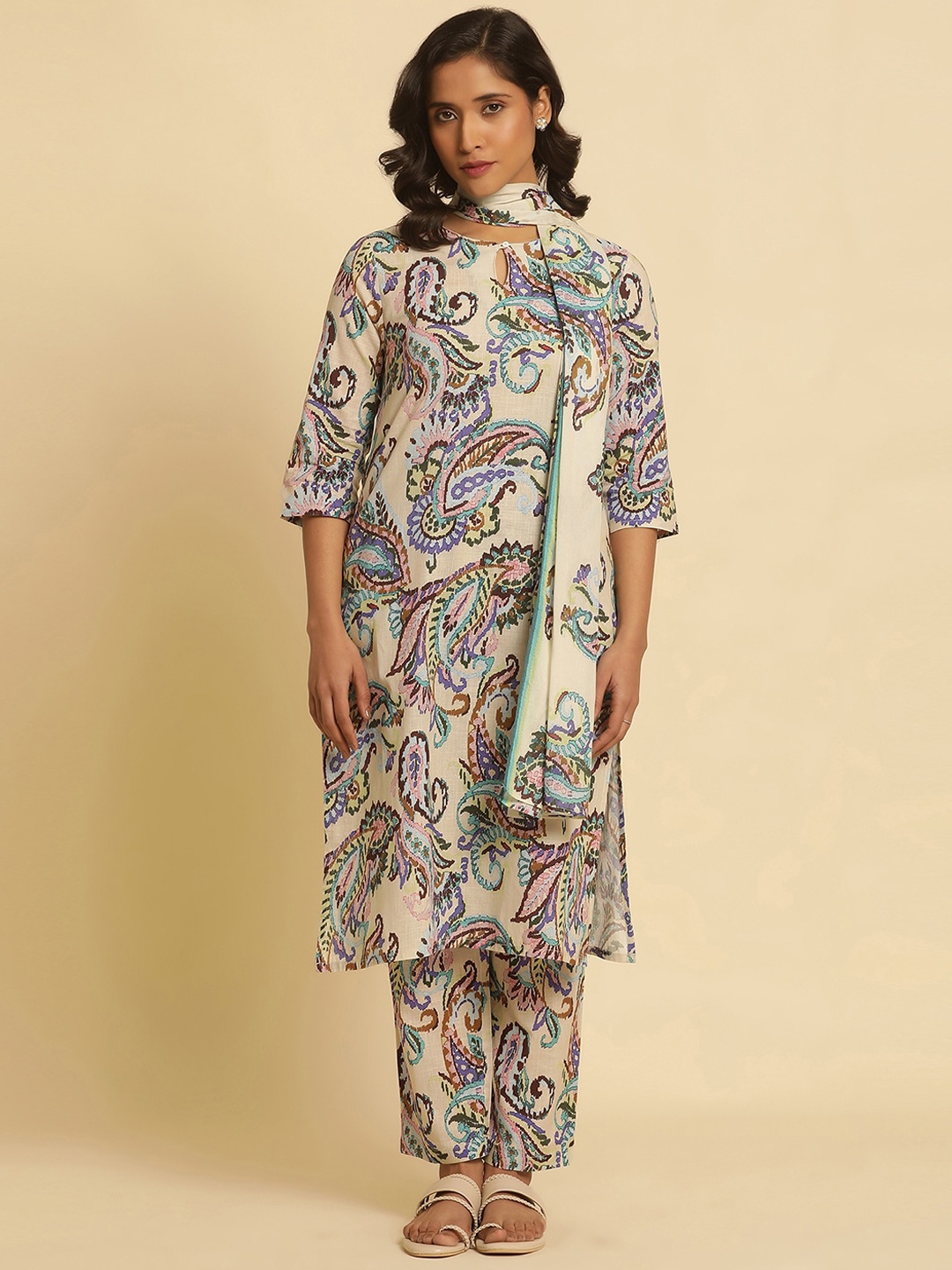 

W Paisley Printed Keyhole Neck Pure Cotton Straight Kurta with Trouser & Dupatta, Off white