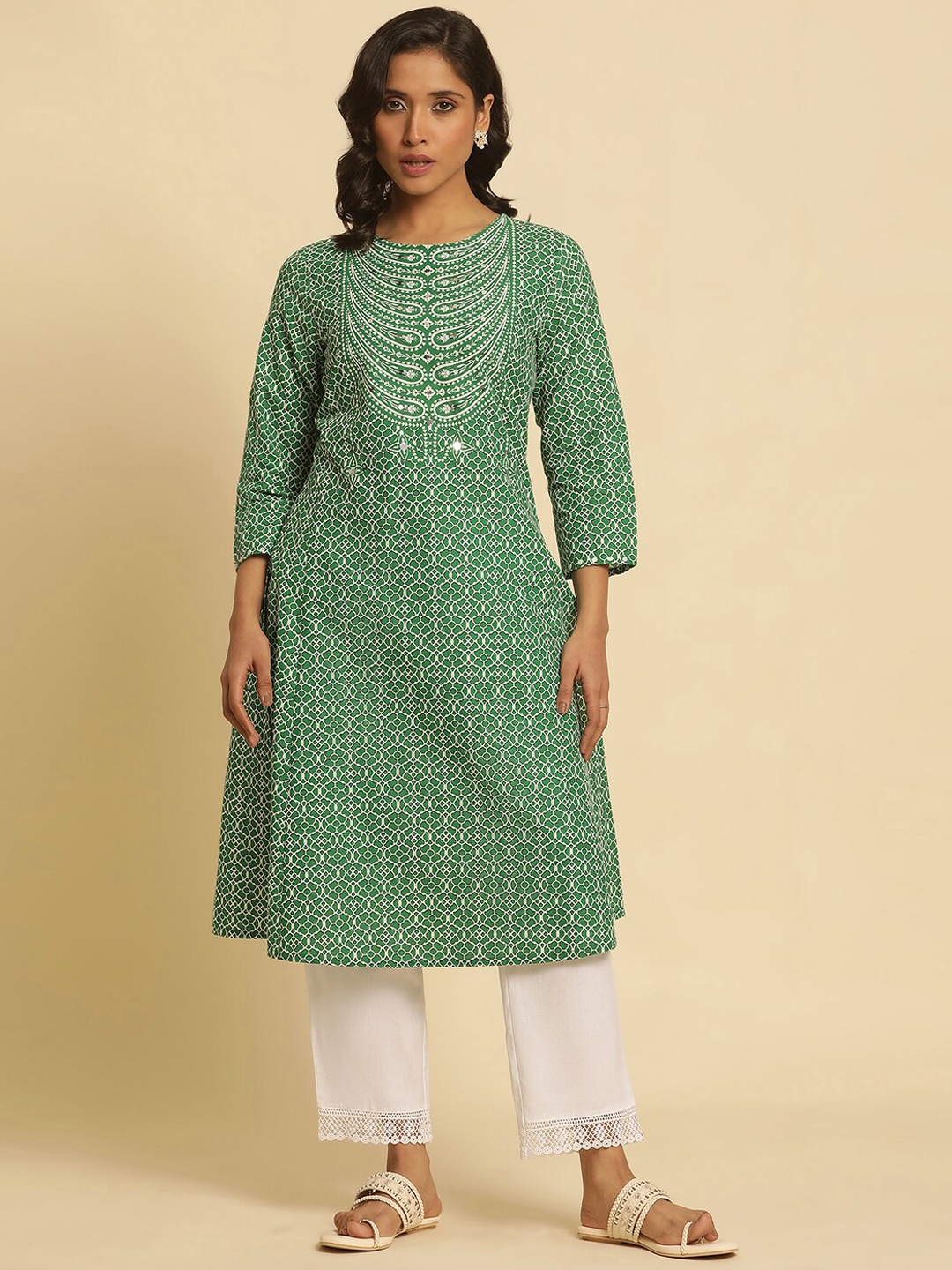 

W Ethnic Motifs Printed Pure Cotton A-Line Kurta, Green