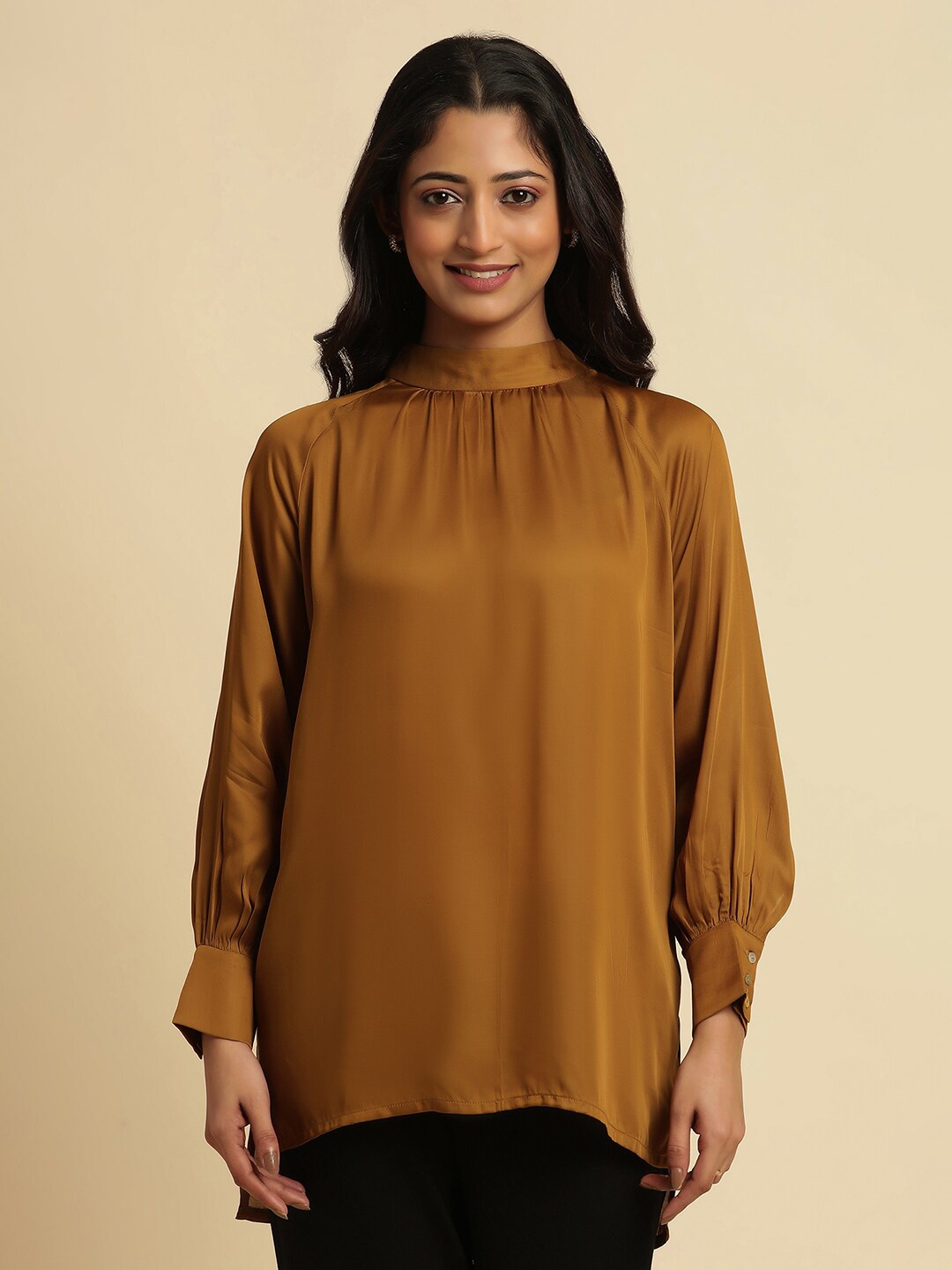 

W High Neck Cuffed Sleeves Satin Longline Top, Mustard