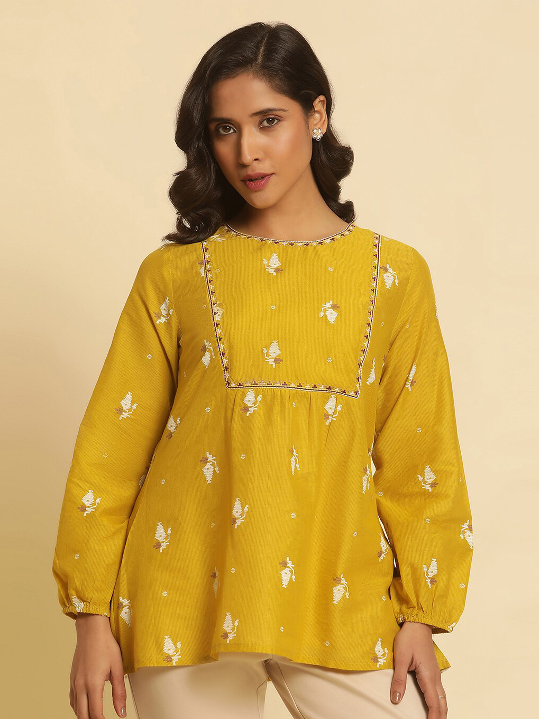 

W Ethnic Motifs Printed Pure Cotton A-Line Top, Yellow