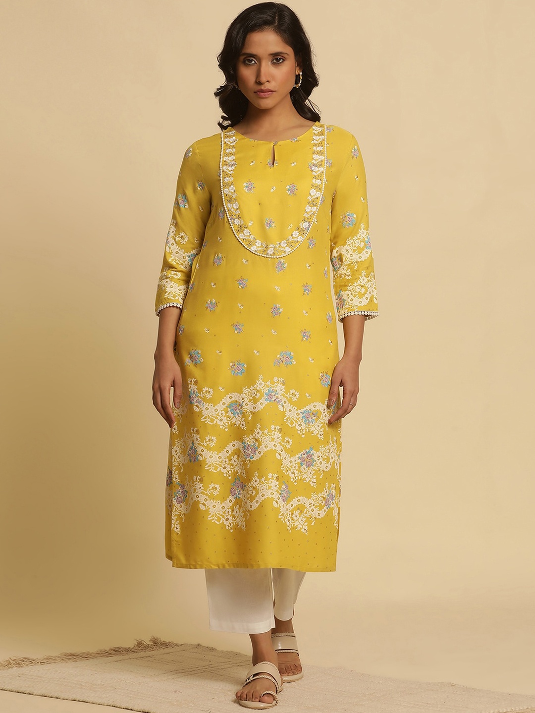 W Floral Embroidered Thread Work Kurta, Yellow