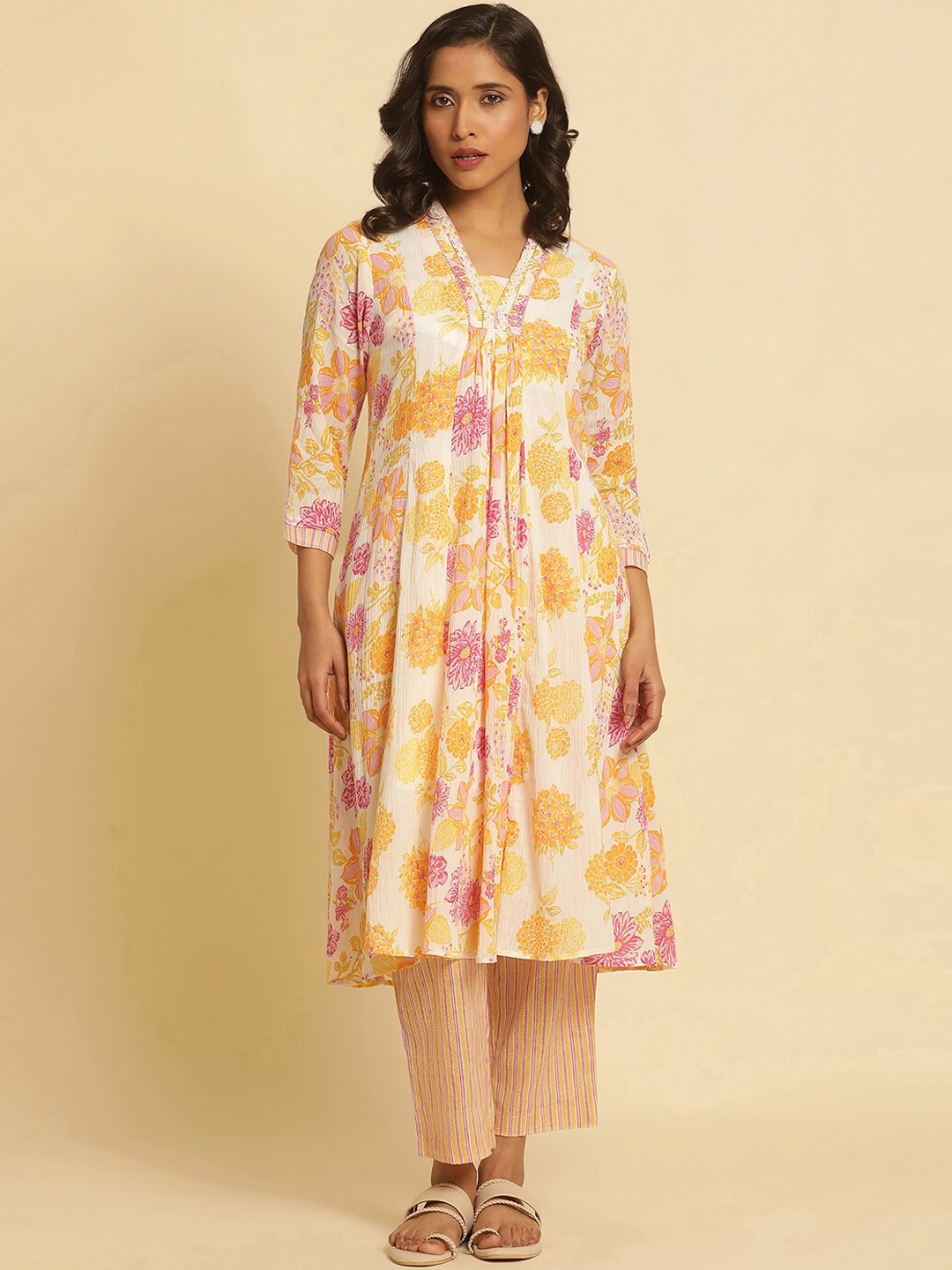 W Floral Printed V-Neck Pure Cotton Kurta, White