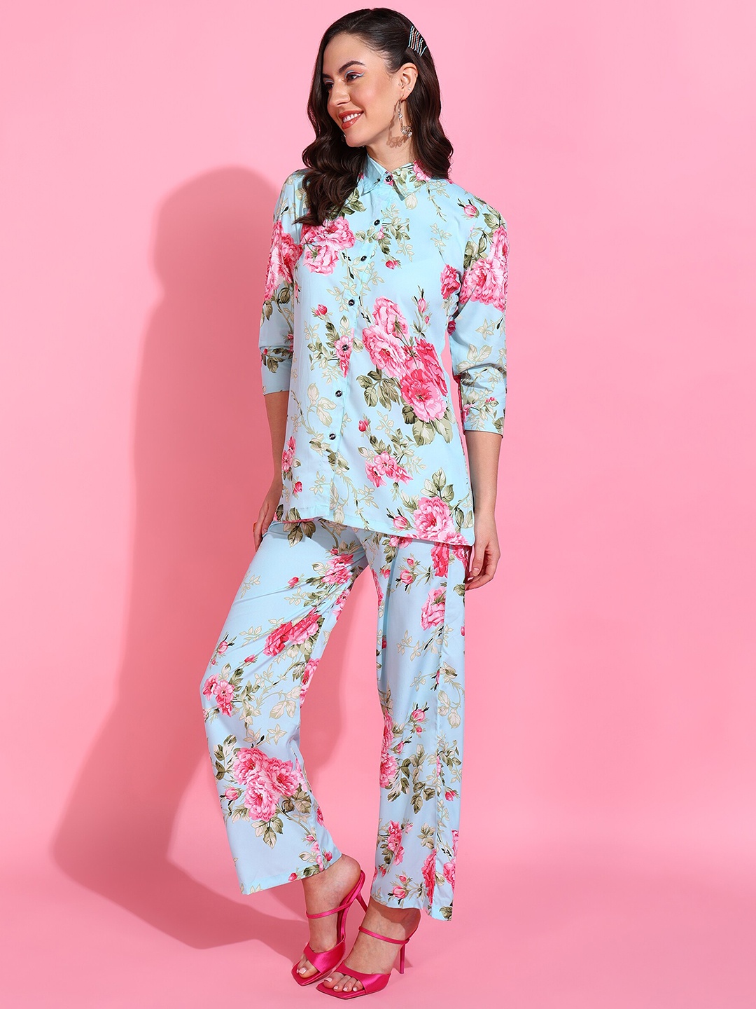 

Rudraaksha Creations Printed Collar Shirt With Trousers Co-Ords, Blue