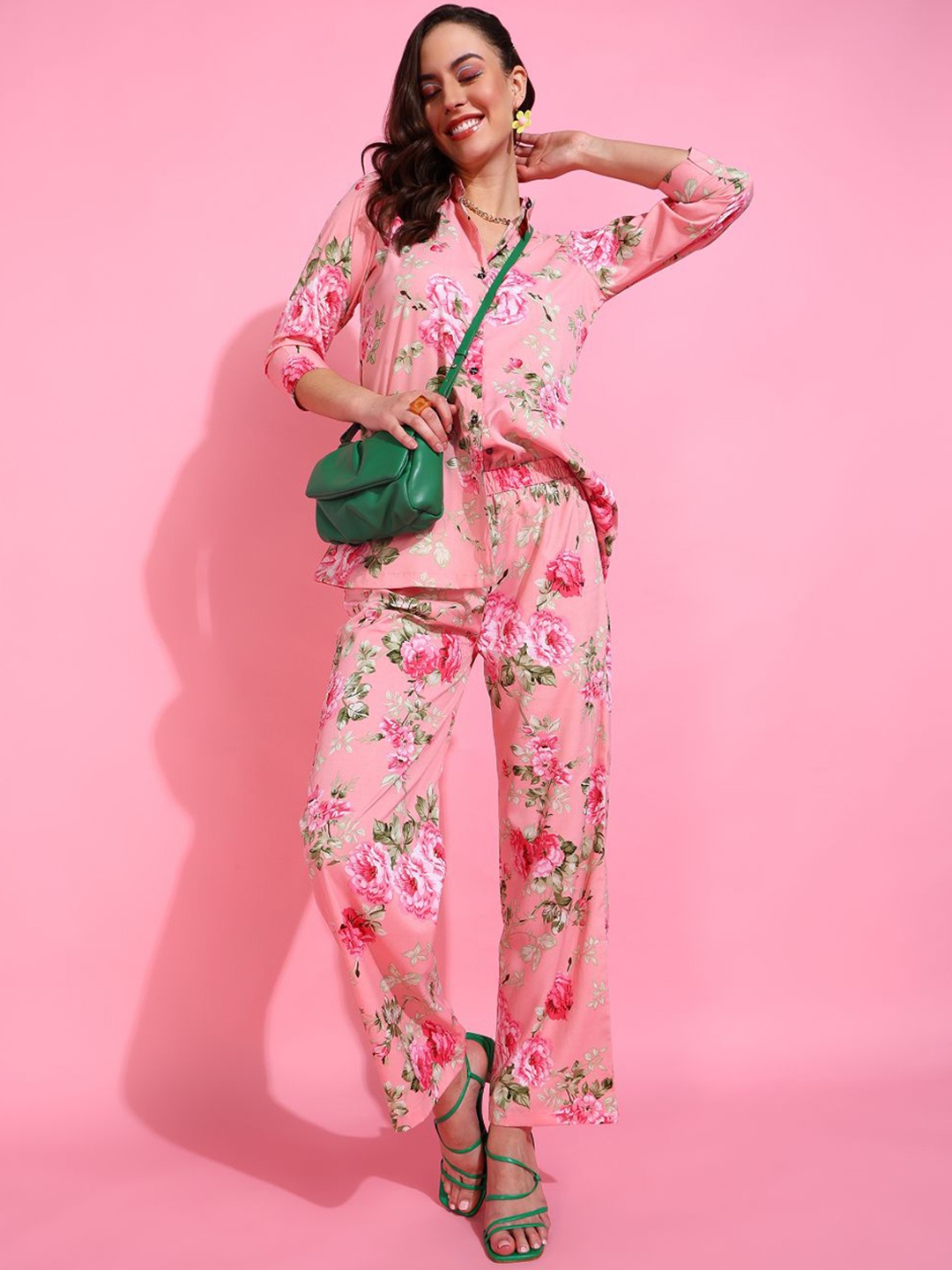 

Rudraaksha Creations Printed Long Sleeves Shirt With Trousers, Pink