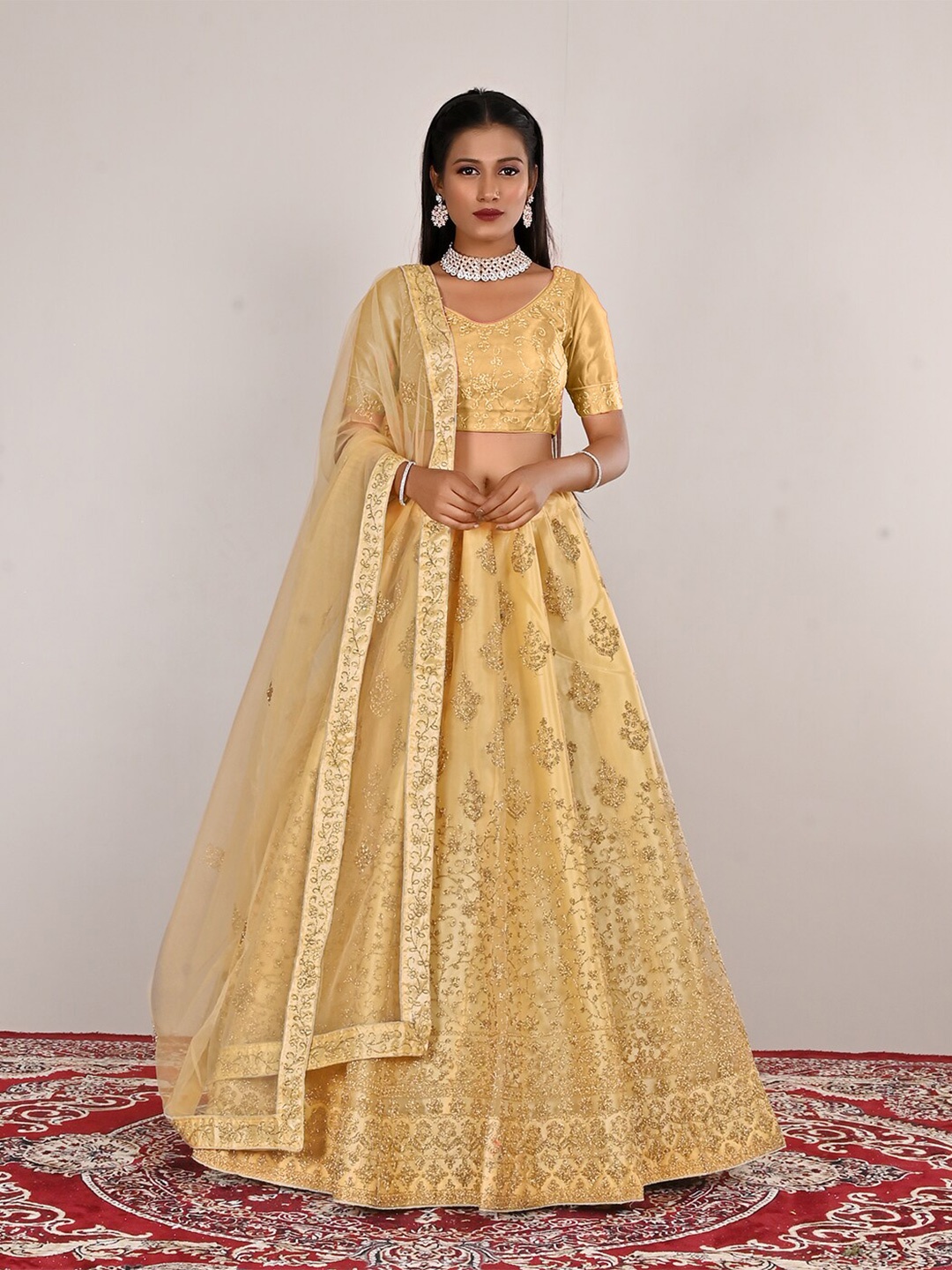 

HALFSAREE STUDIO Embroidered Semi-Stitched Lehenga & Unstitched Blouse With Dupatta, Cream