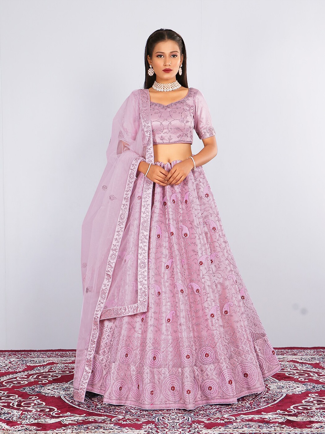 

HALFSAREE STUDIO Embroidered Semi-Stitched Lehenga & Unstitched Blouse With Dupatta, Pink