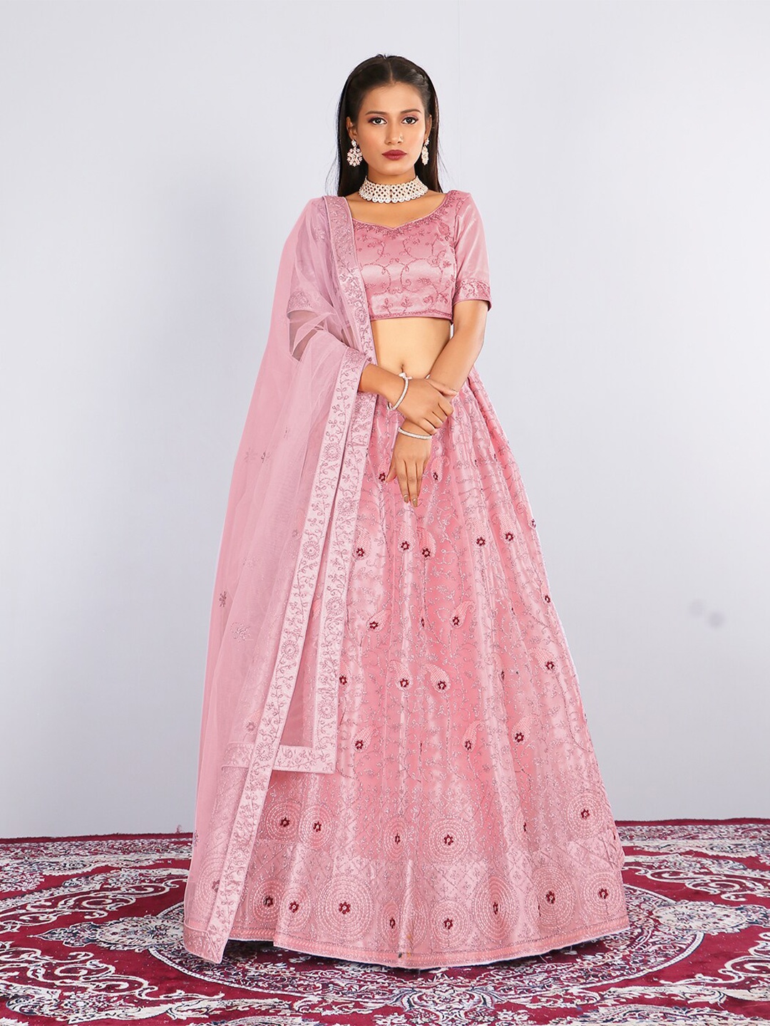 

HALFSAREE STUDIO Embroidered Semi-Stitched Lehenga & Unstitched Blouse With Dupatta, Peach