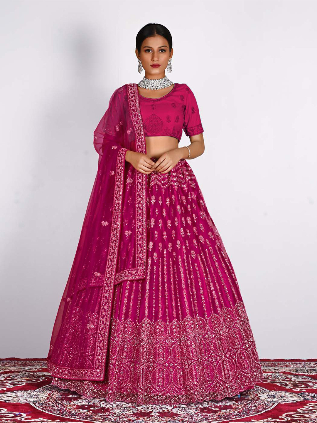 

HALFSAREE STUDIO Embroidered Semi-Stitched Lehenga & Unstitched Blouse With Dupatta, Pink